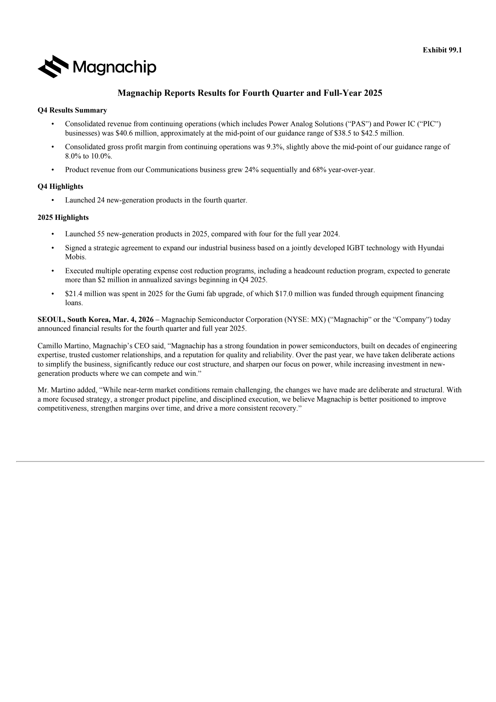 Magnachip Semiconductor's Q4 2025 Press Release