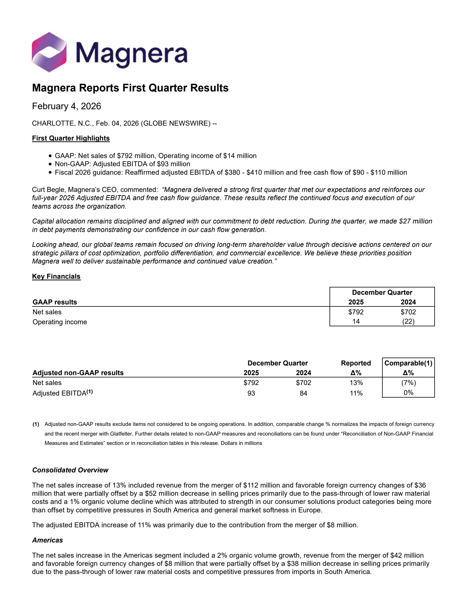 Magnera's Q1 2026 Press Release
