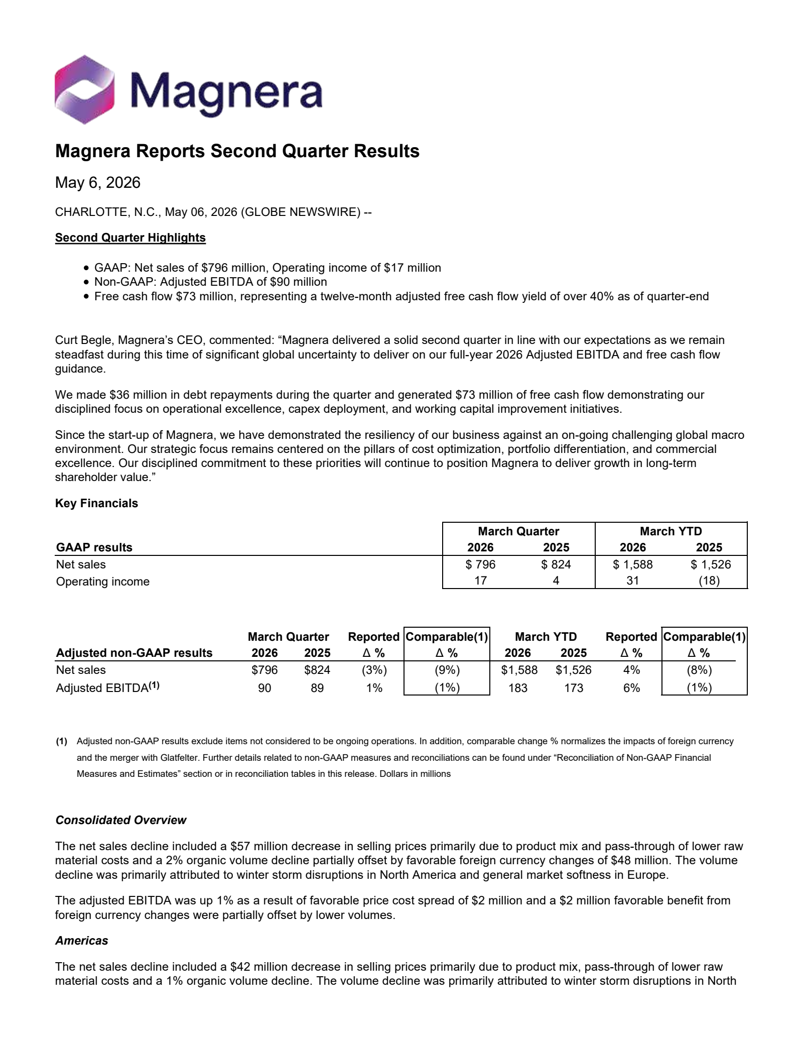 Magnera's Q2 2026 Press Release