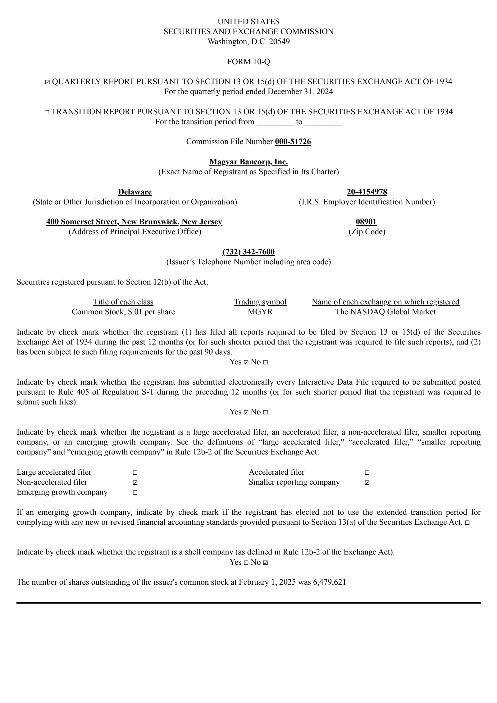 Magyar Bancorp's Q1 2025 Quarterly report