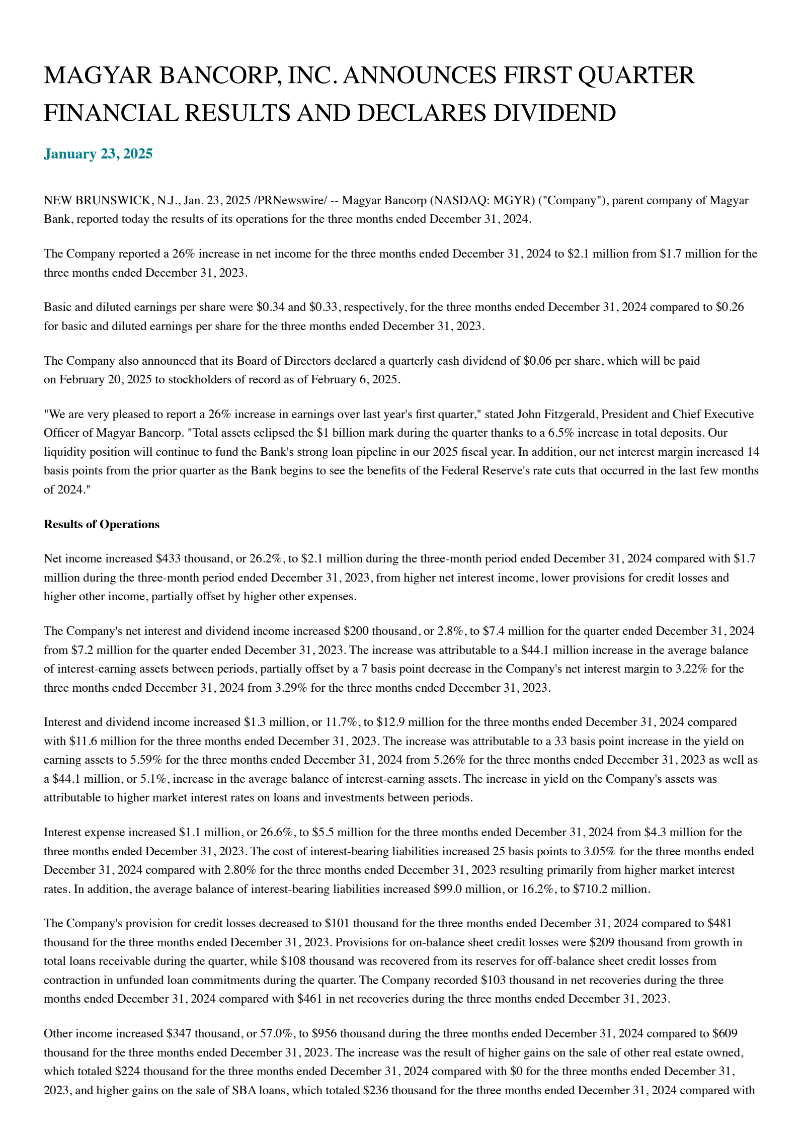 Magyar Bancorp's Q1 2025 Press Release