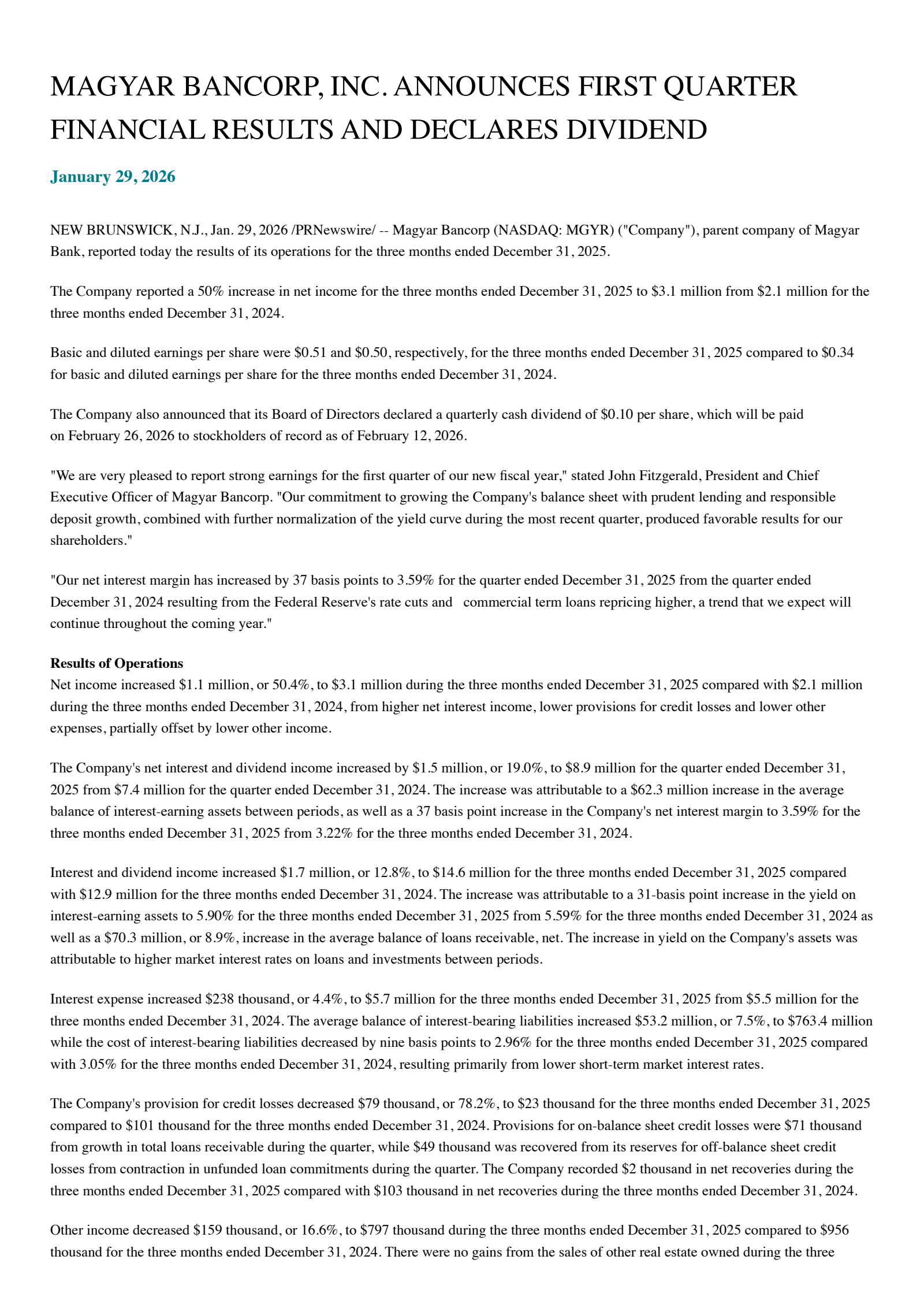 Magyar Bancorp's Q1 2026 Press Release