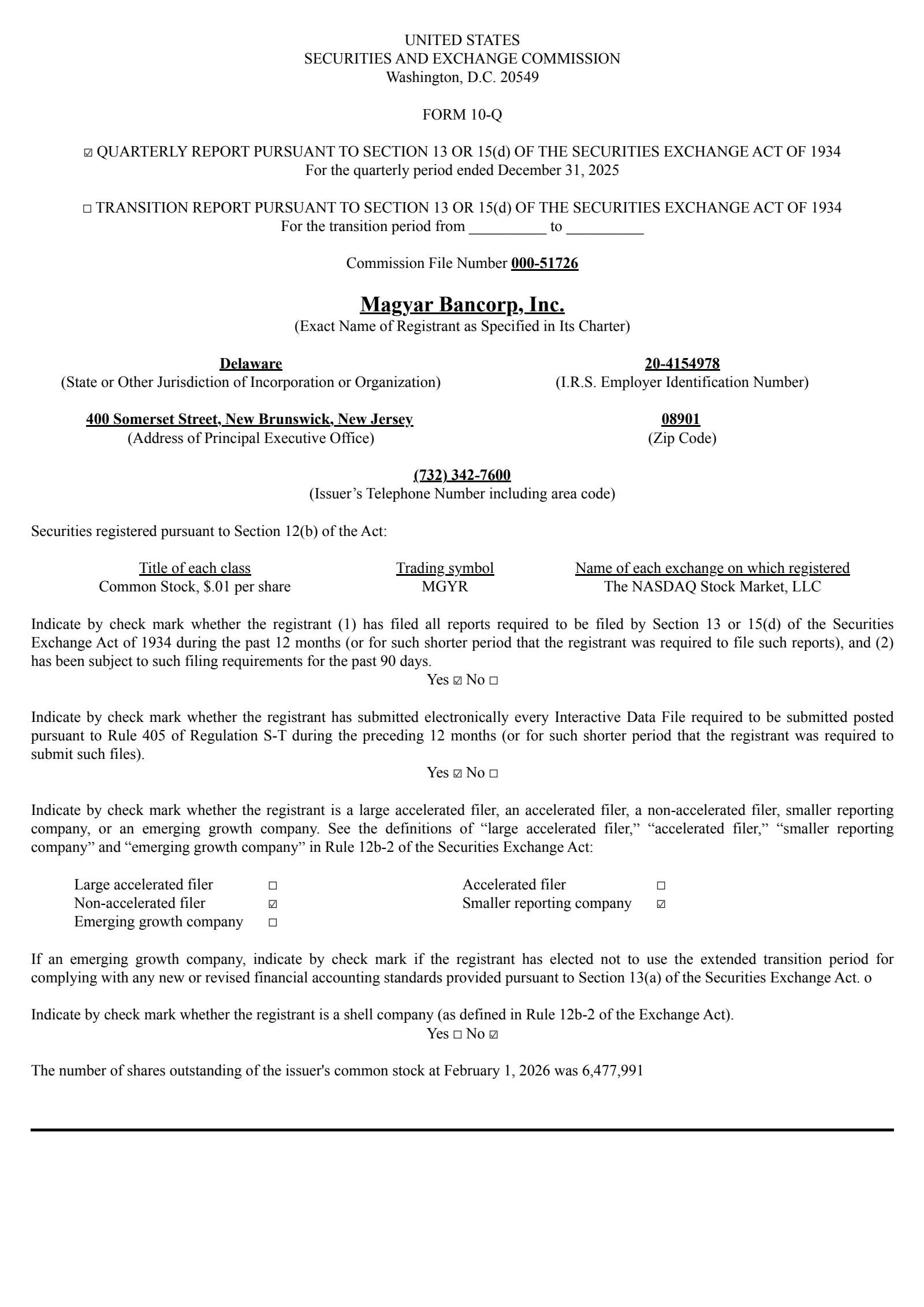 Magyar Bancorp's Q1 2026 Quarterly report