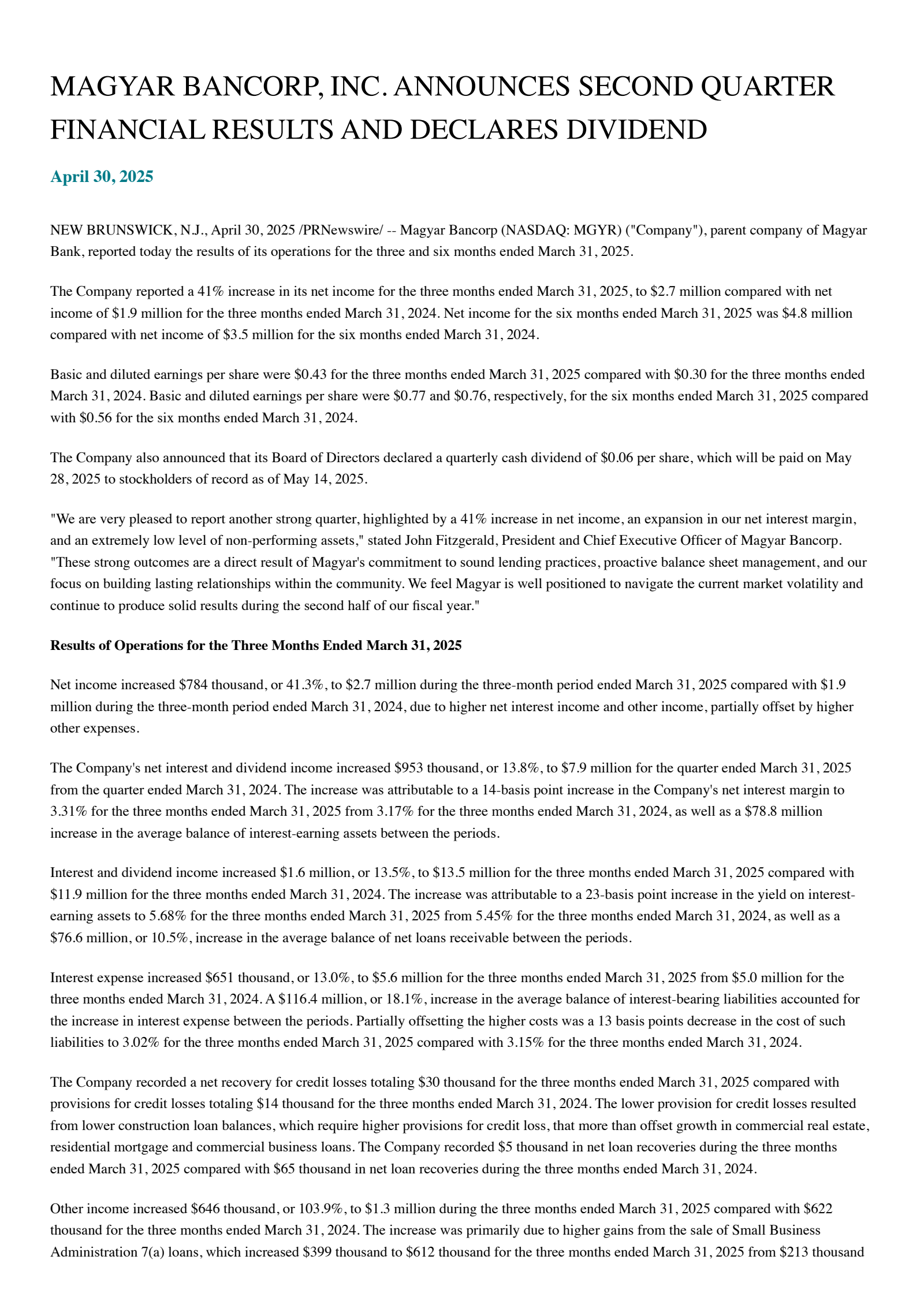 Magyar Bancorp's Q2 2025 Press Release