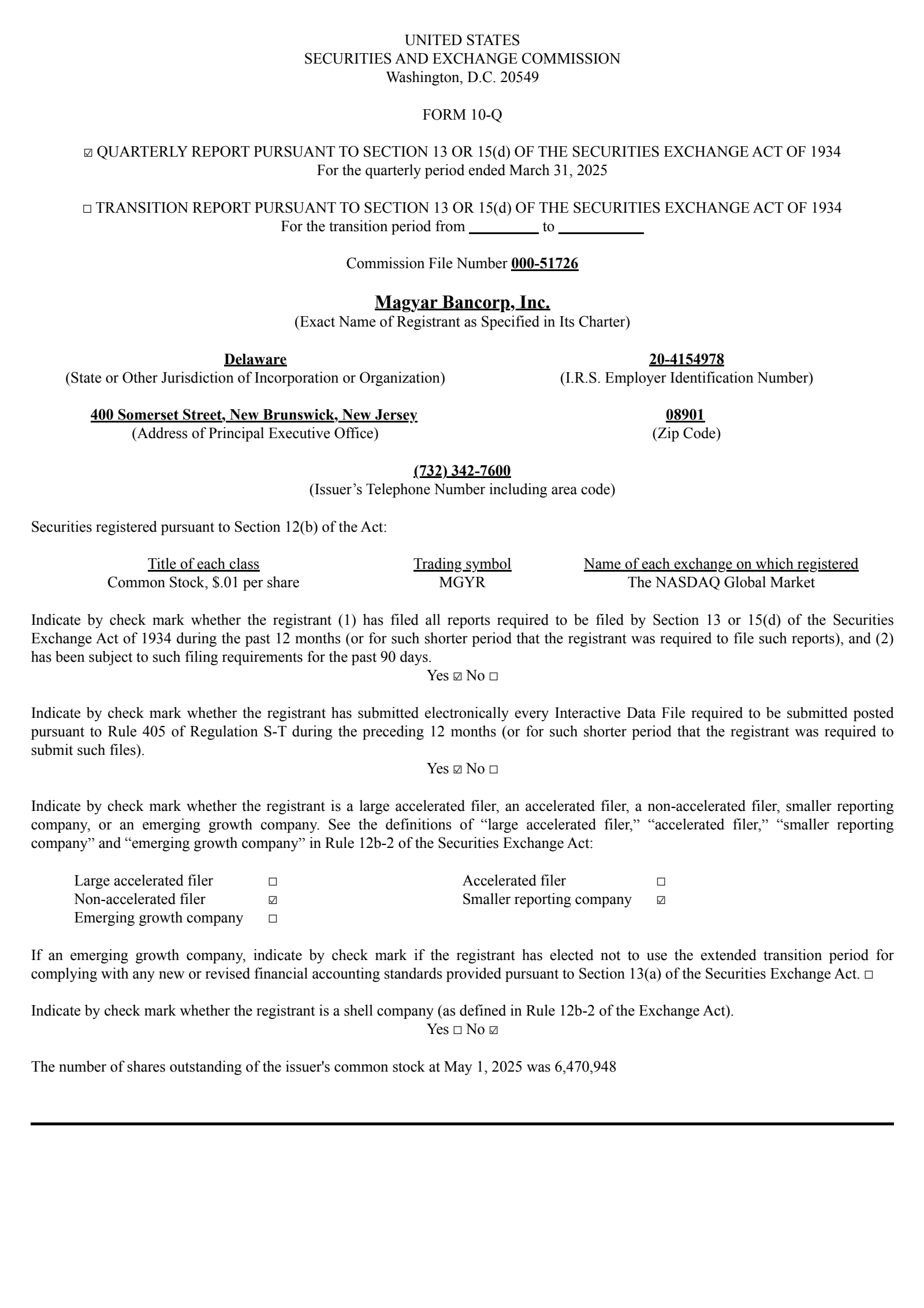Magyar Bancorp's Q2 2025 Quarterly report