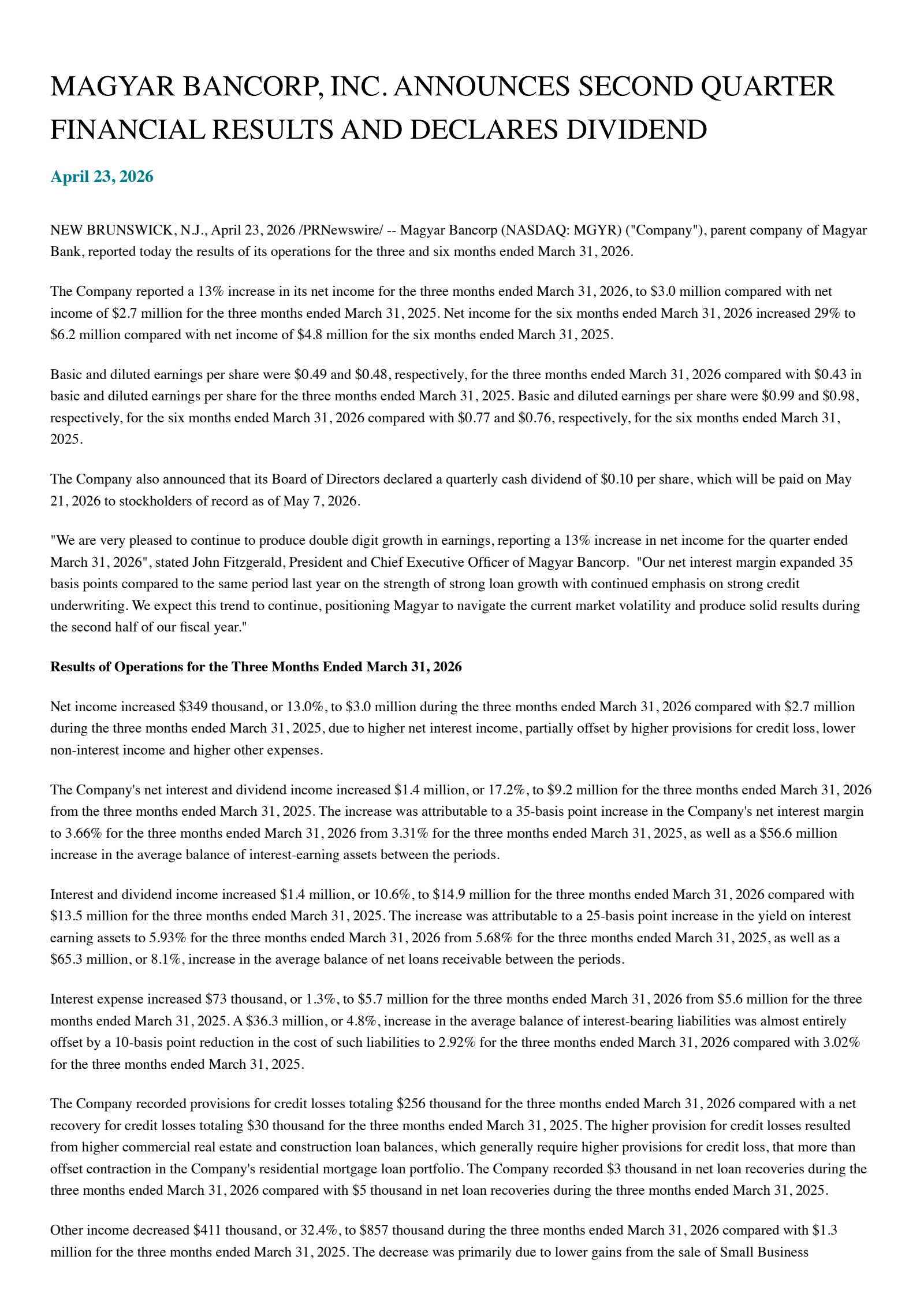 Magyar Bancorp's Q2 2026 Press Release