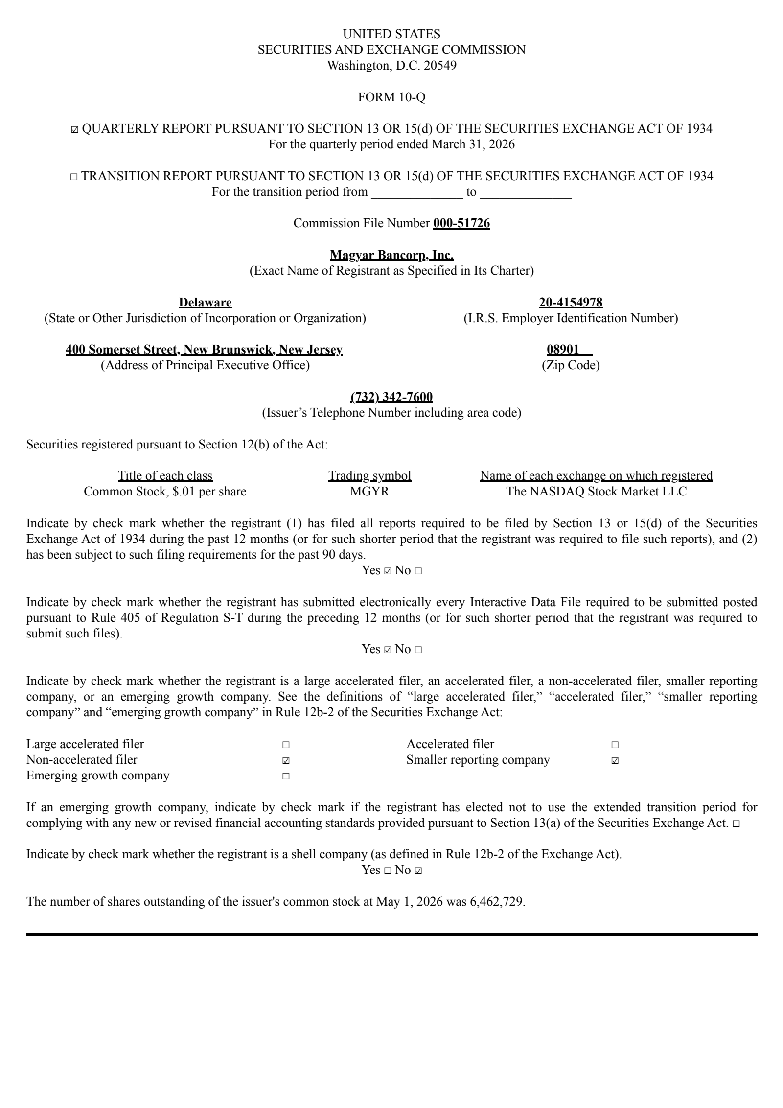 Magyar Bancorp's Q2 2026 Quarterly report
