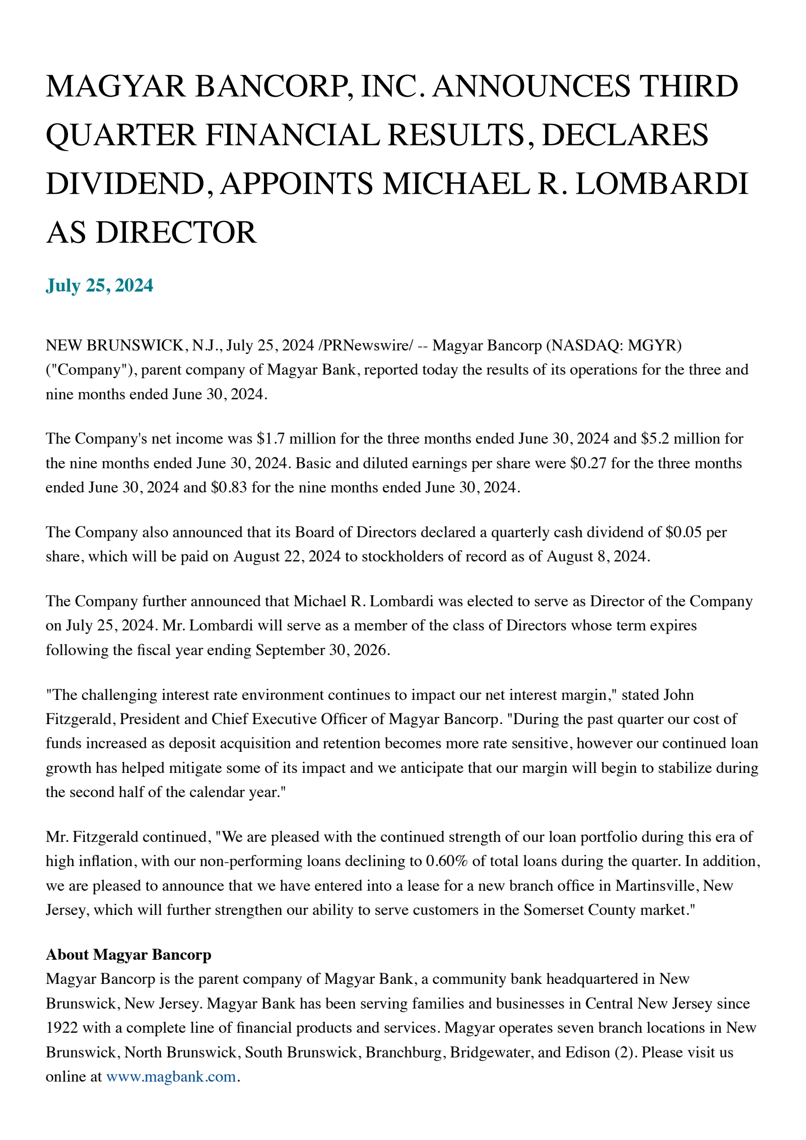 Magyar Bancorp's Q3 2024 Press Release