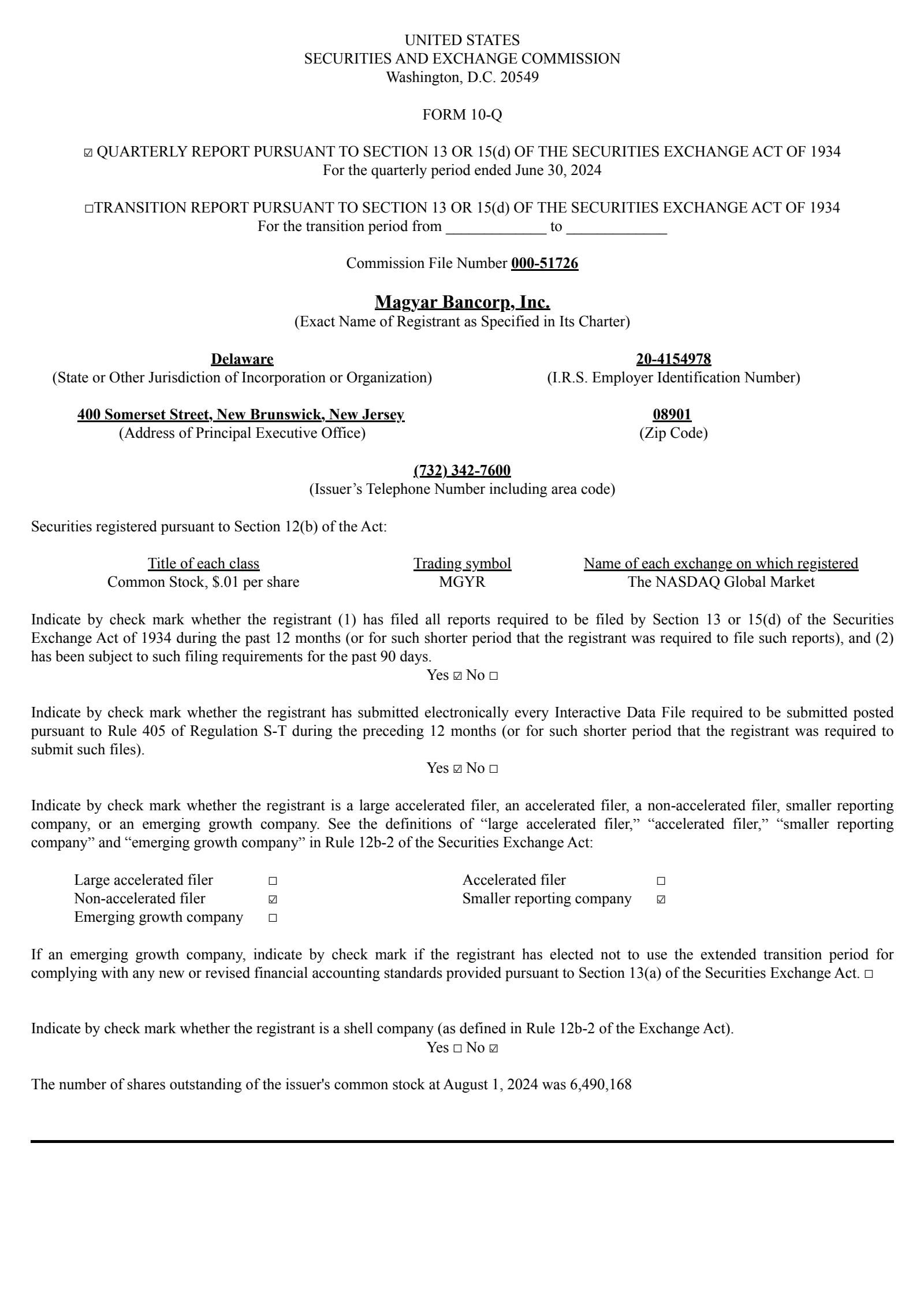 Magyar Bancorp's Q3 2024 Quarterly report