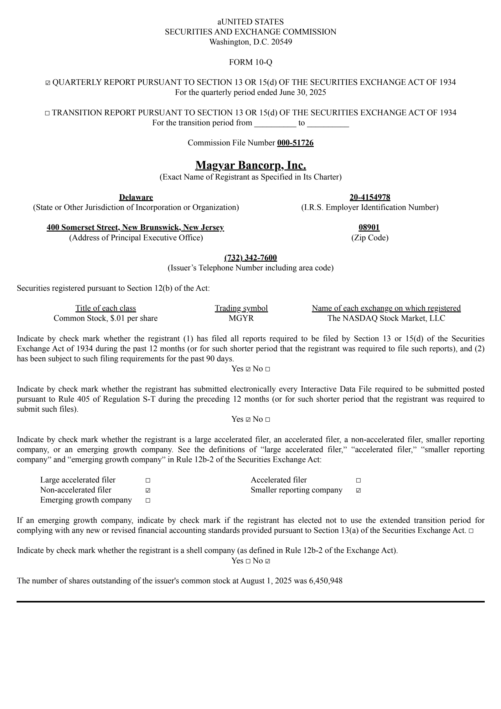 Magyar Bancorp's Q3 2025 Quarterly report