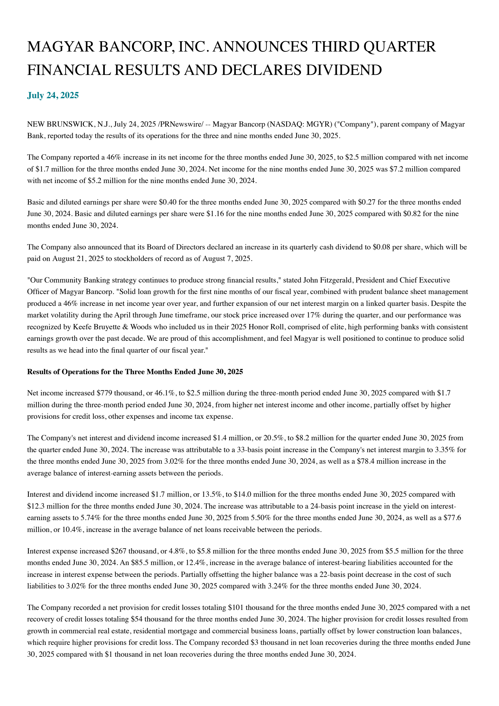 Magyar Bancorp's Q3 2025 Press Release