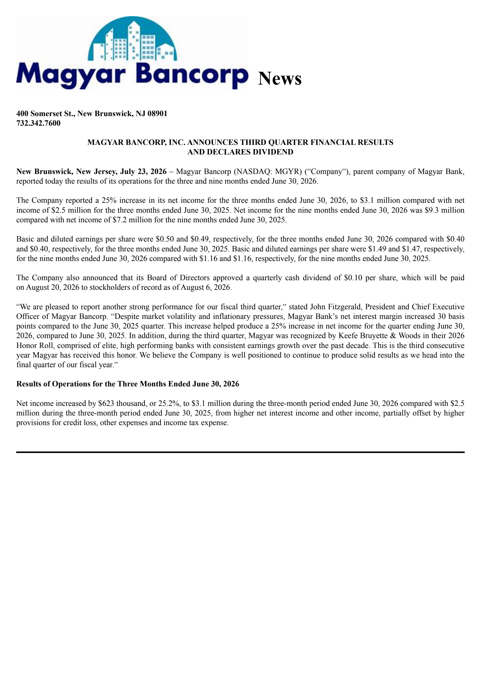 Magyar Bancorp's Q3 2026 Press Release