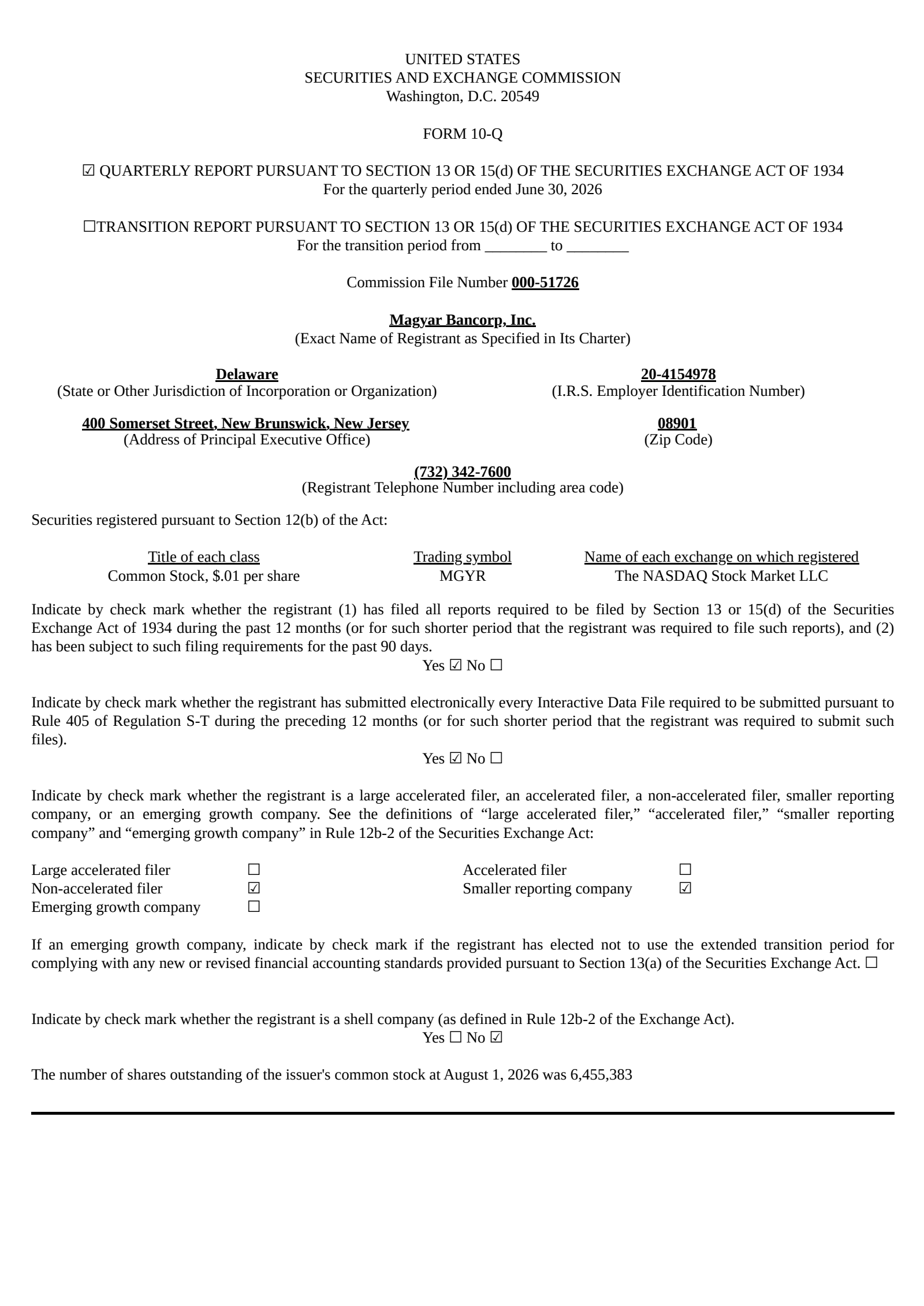 Magyar Bancorp's Q3 2026 Quarterly report