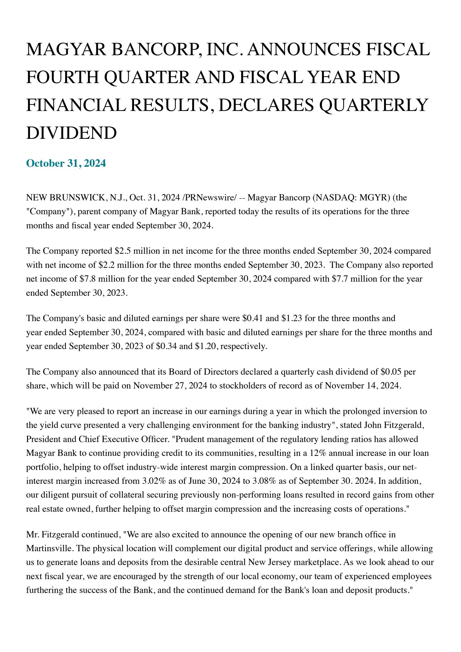 Magyar Bancorp's Q4 2024 Press Release