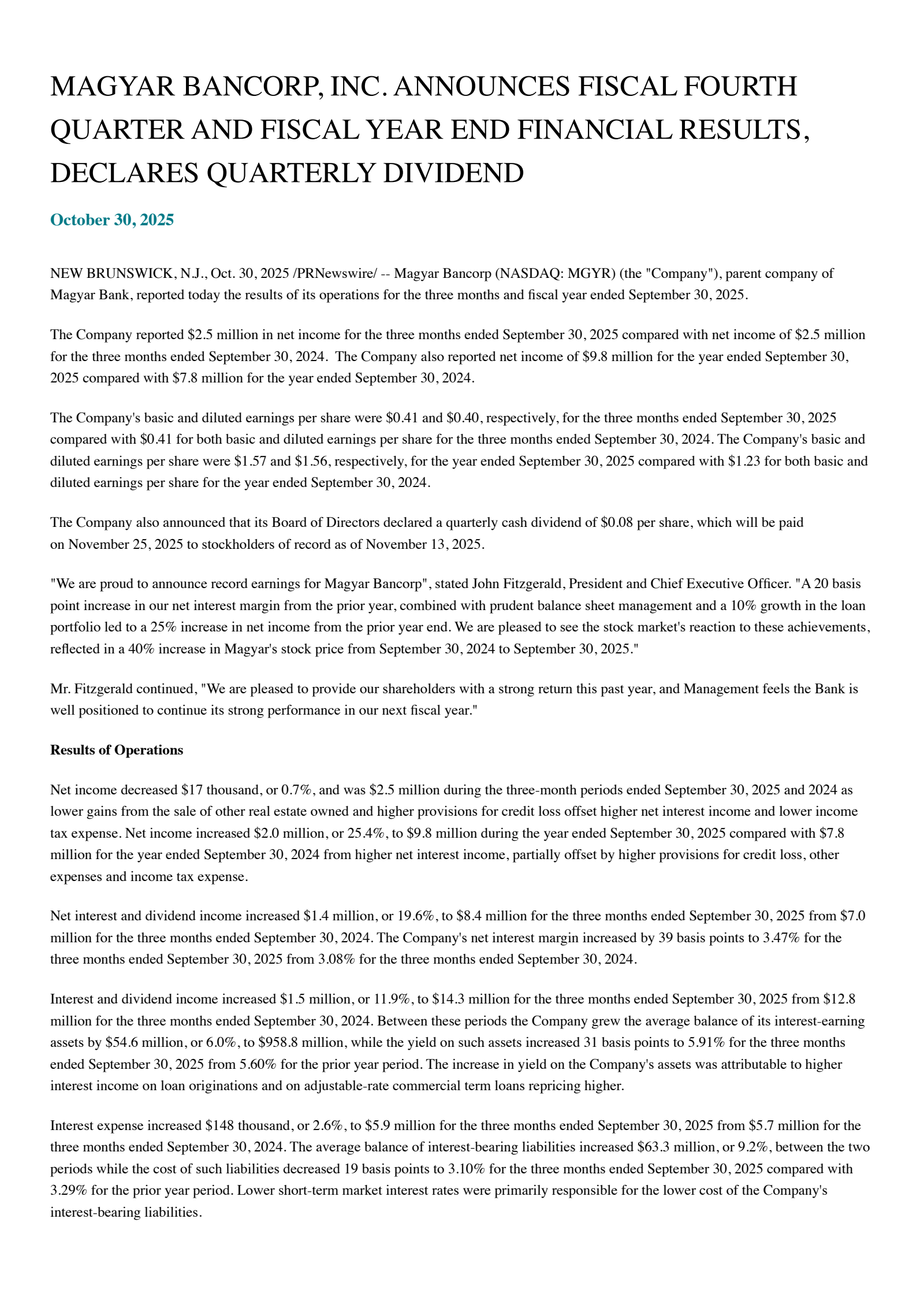 Magyar Bancorp's Q4 2025 Press Release