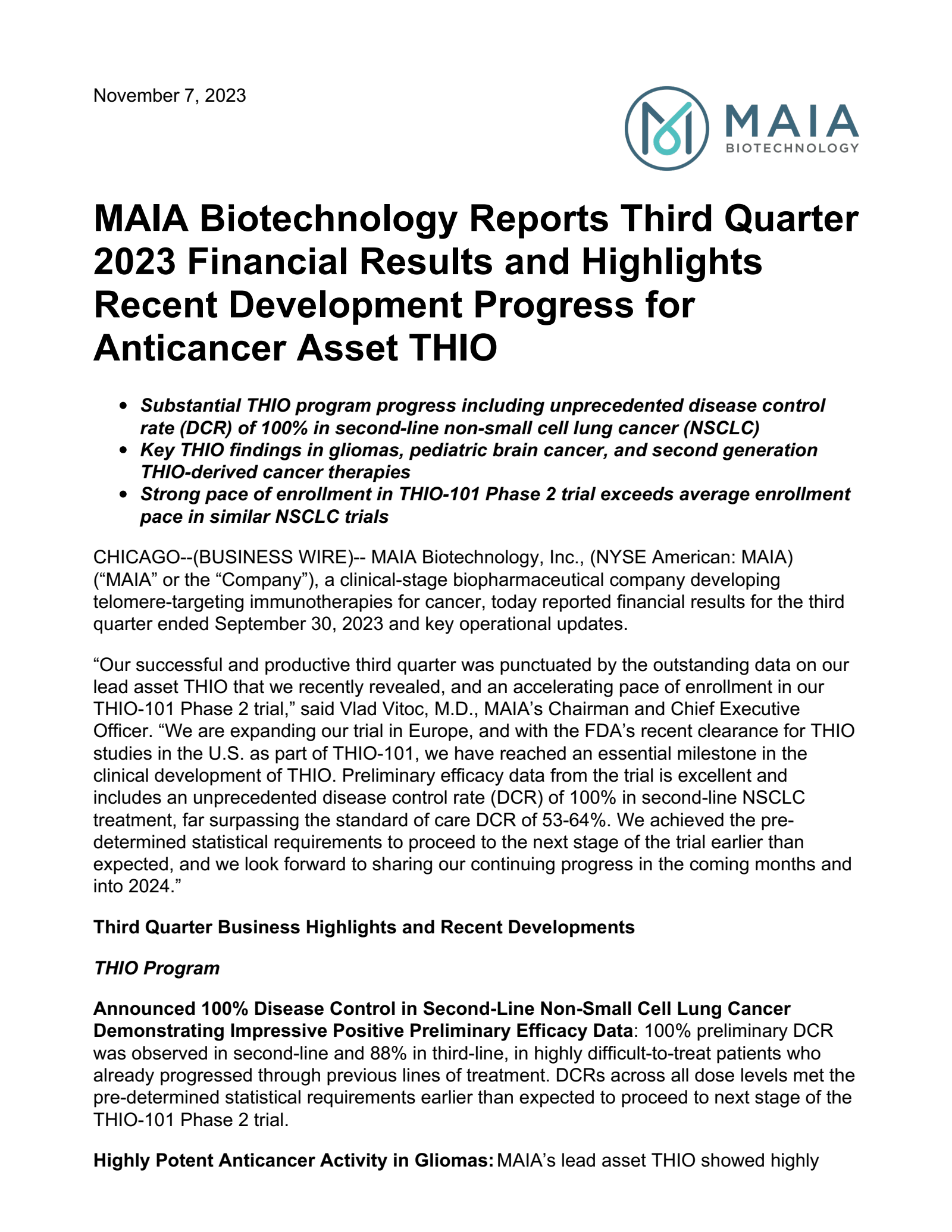 MAIA Biotechnology's Q3 2023 Press Release