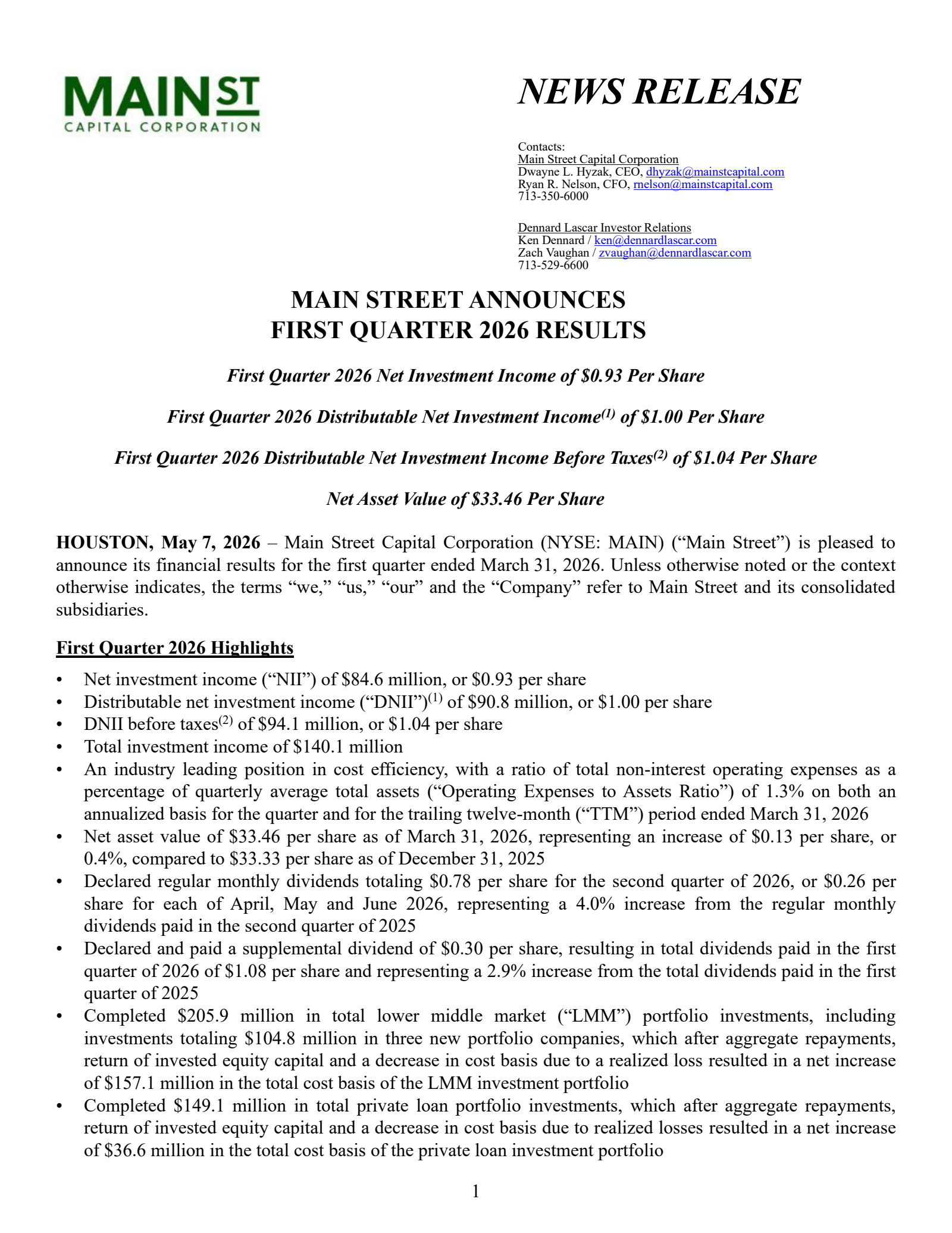 Main Street Capital's Q1 2026 Press Release