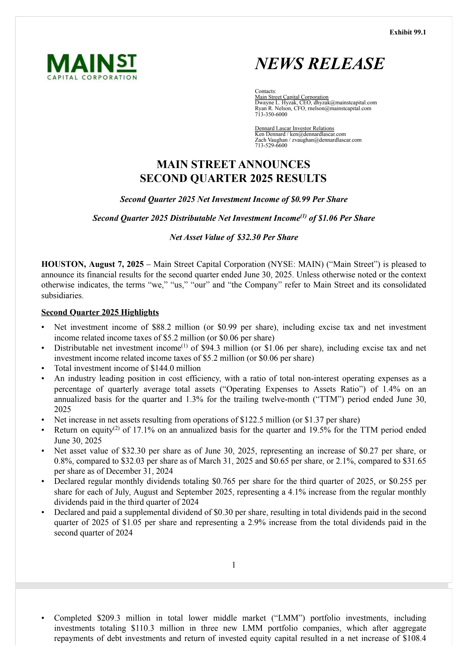 Main Street Capital's Q2 2025 Press Release