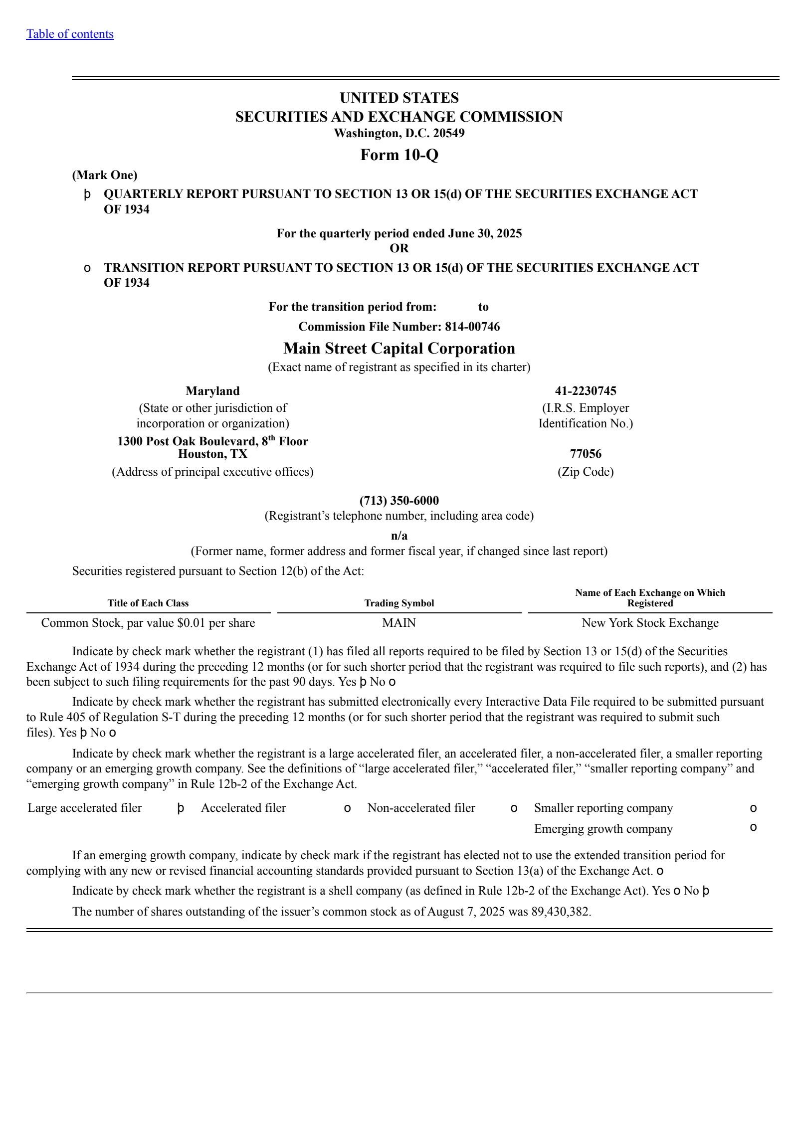 Main Street Capital's Q2 2025 Quarterly report