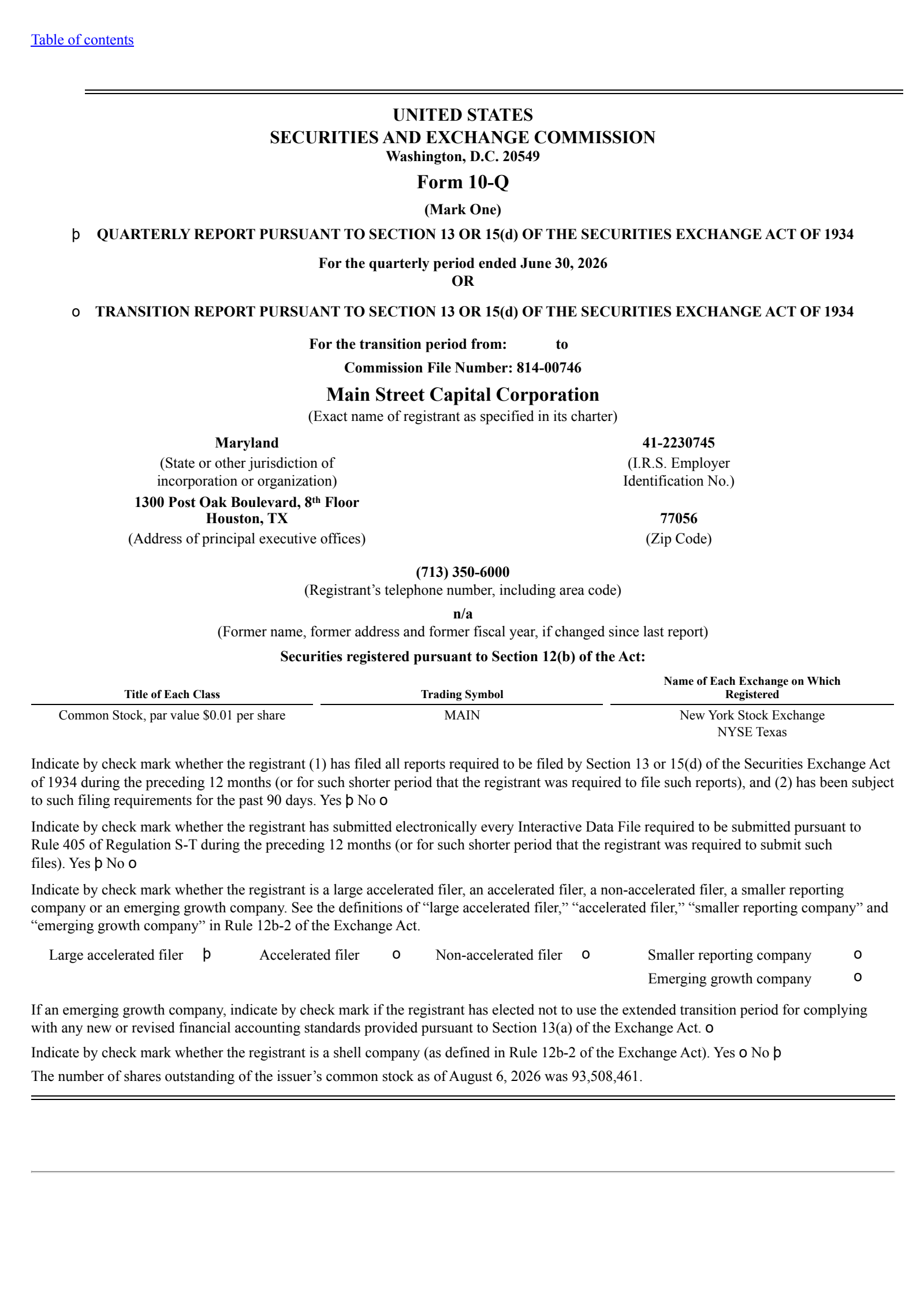 Main Street Capital's Q2 2026 Quarterly report