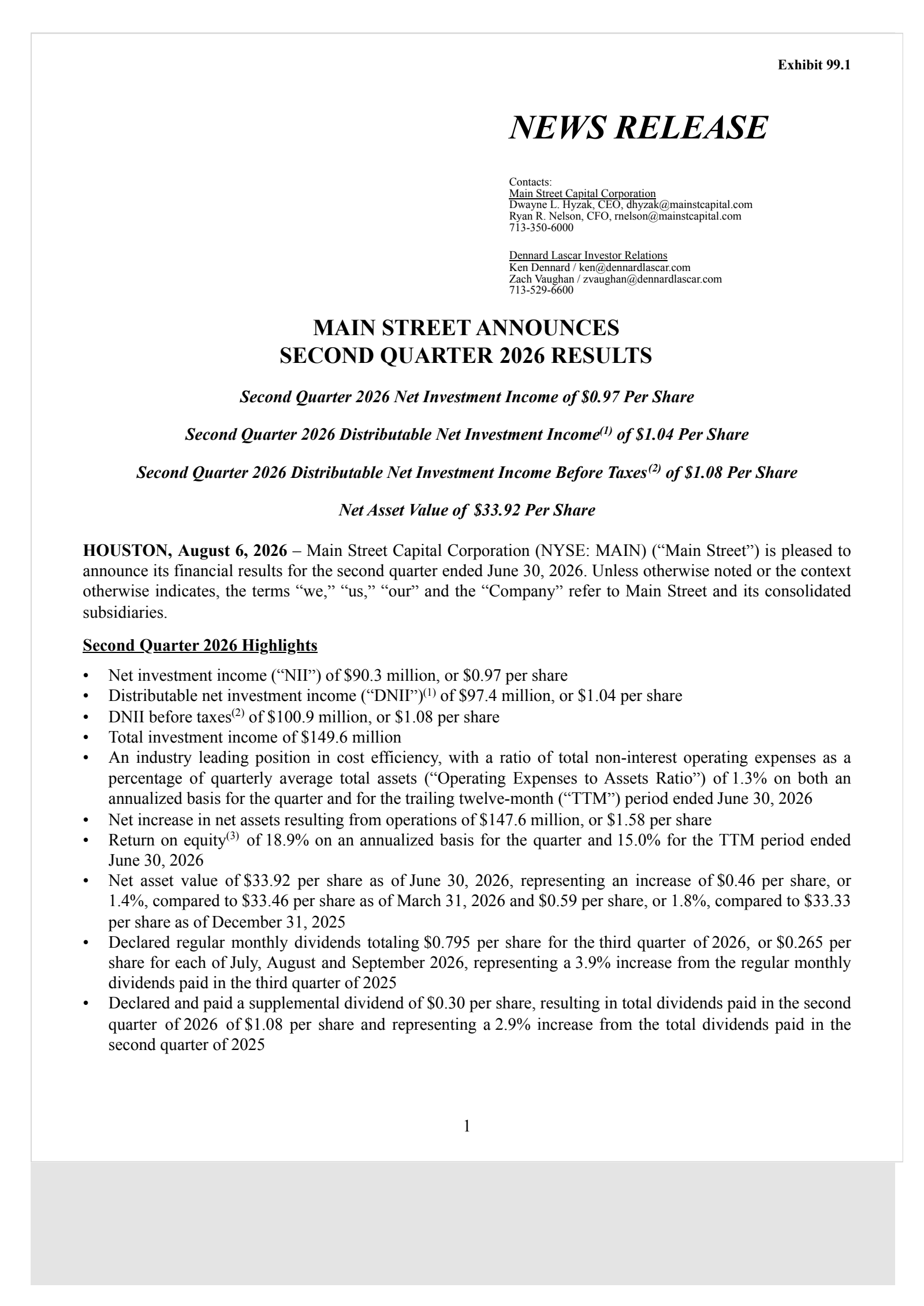 Main Street Capital's Q2 2026 Press Release