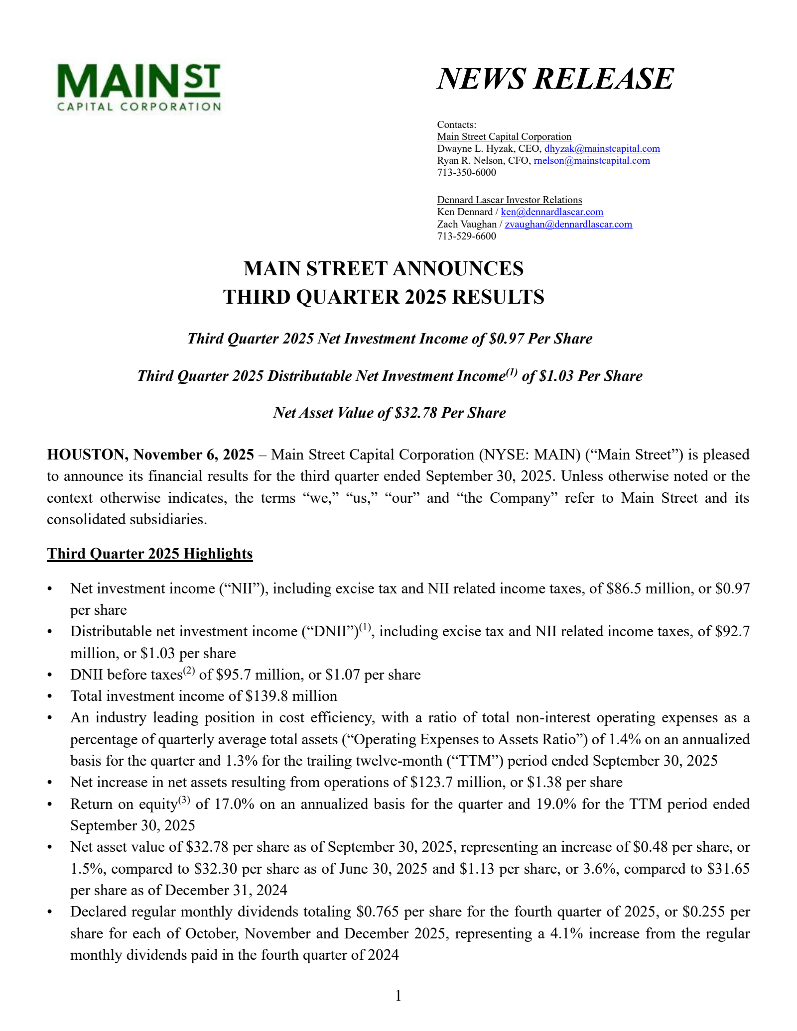 Main Street Capital's Q3 2025 Earnings Release