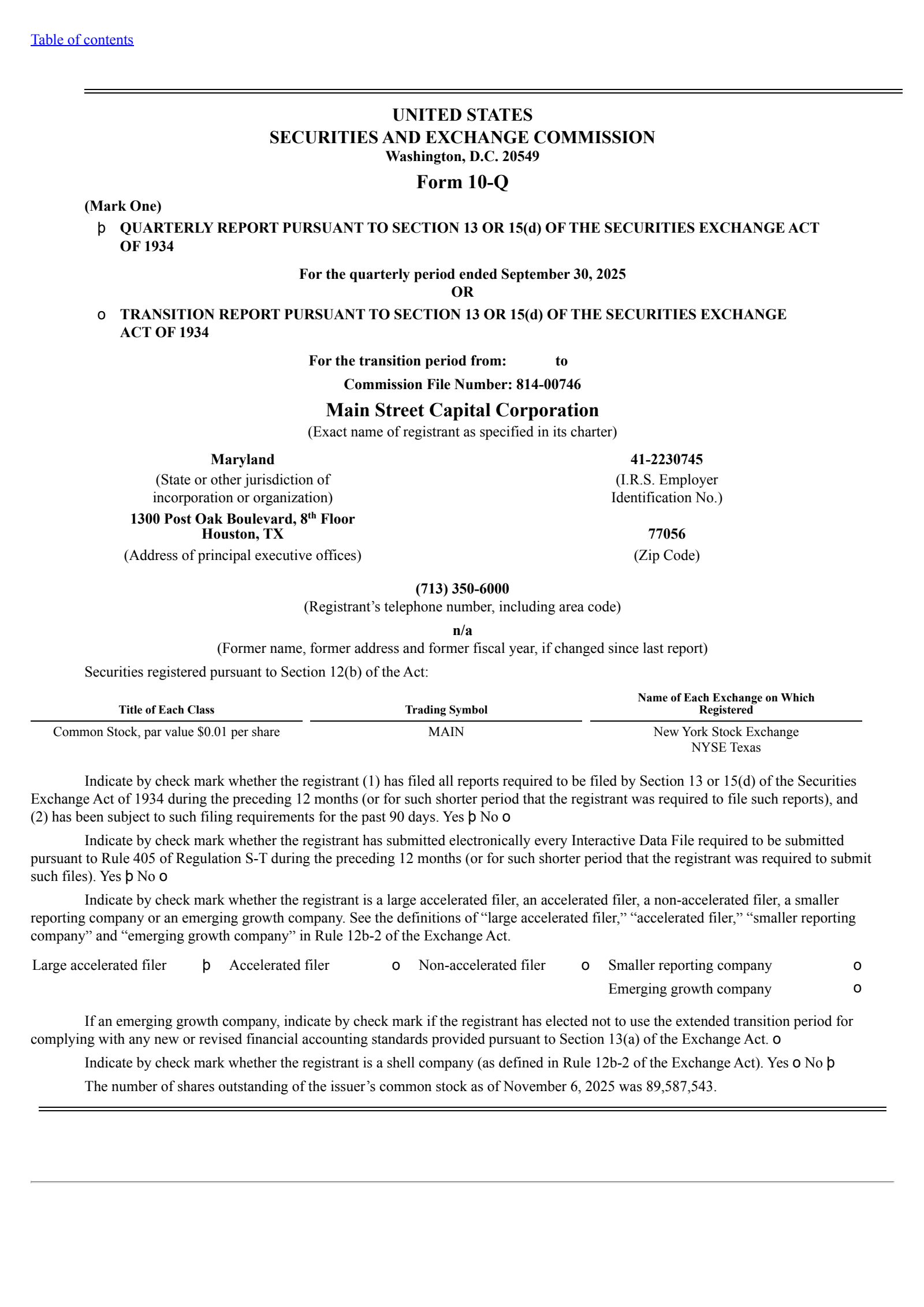 Main Street Capital's Q3 2025 Quarterly Report