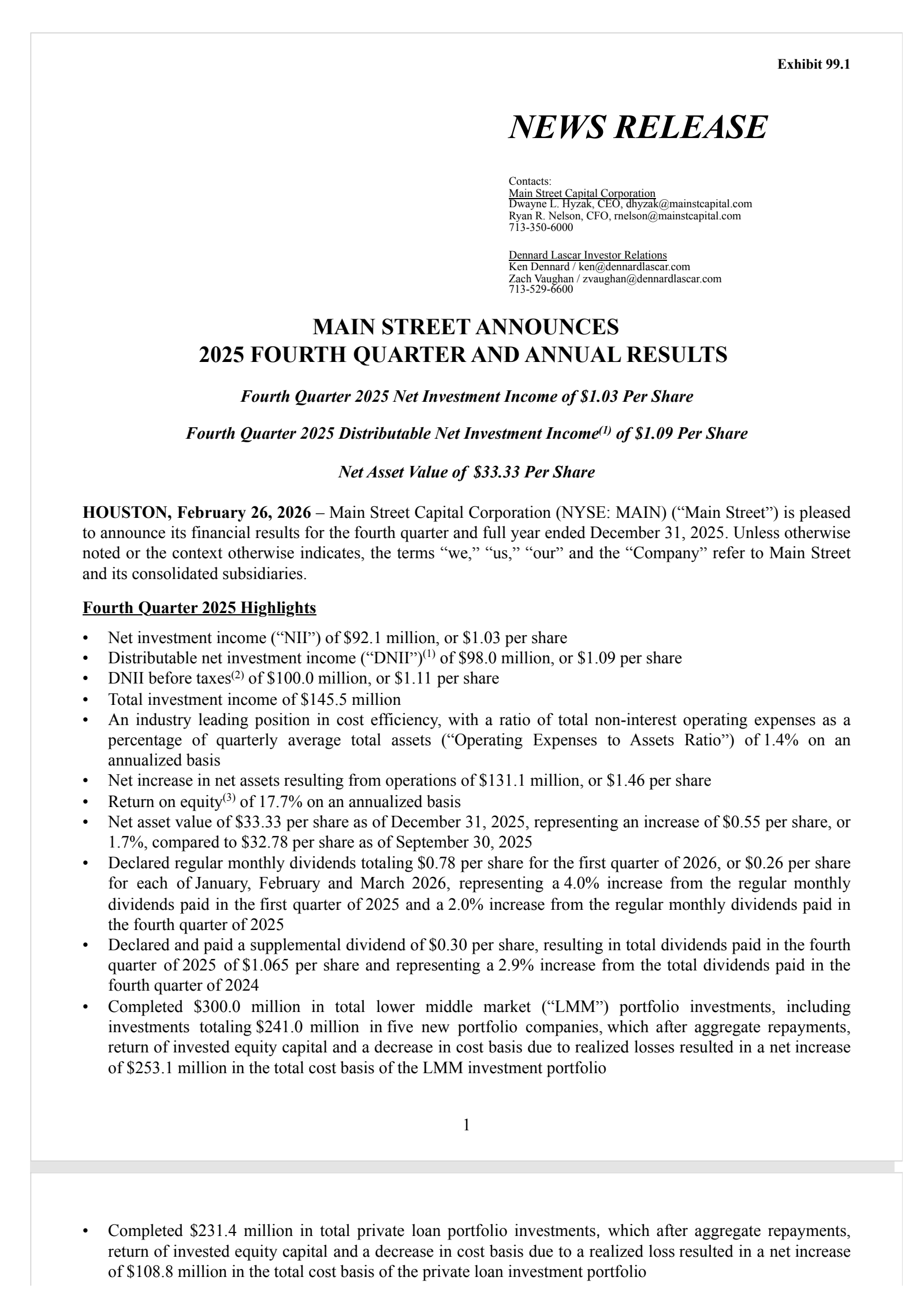 Main Street Capital's Q4 2025 Press Release