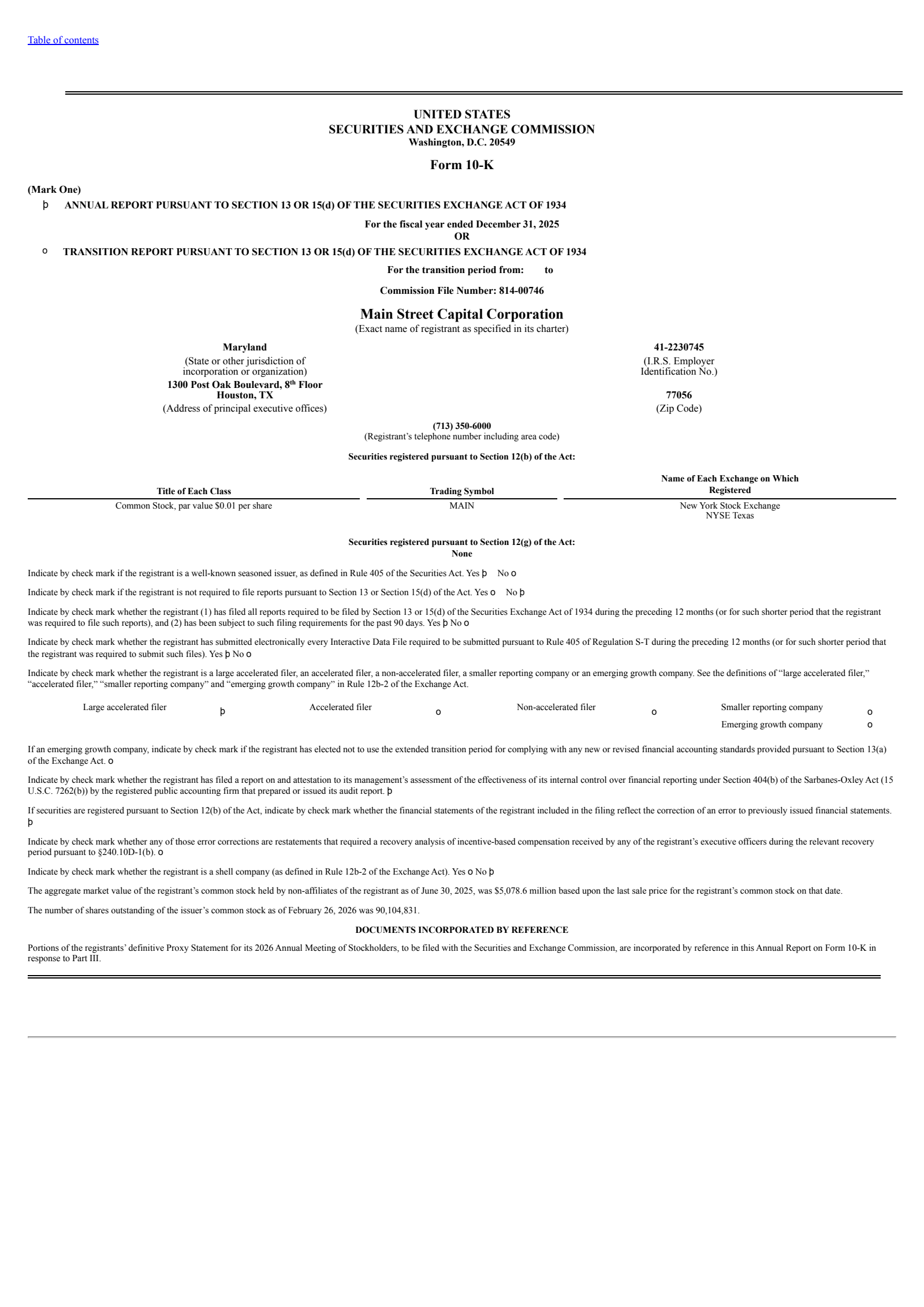 Main Street Capital's Q4 2025 Annual report