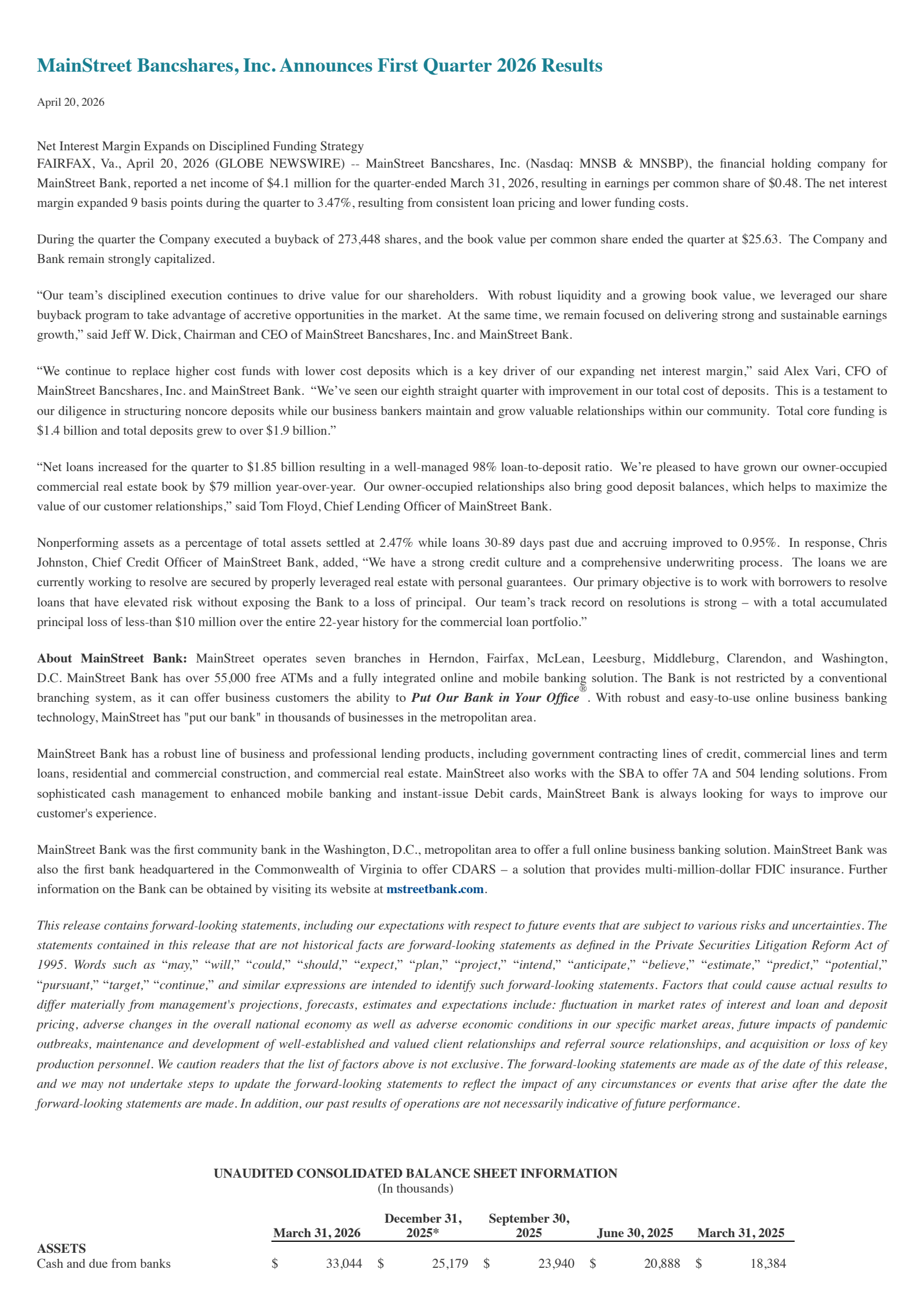 MainStreet Bank's Q1 2026 Press Release