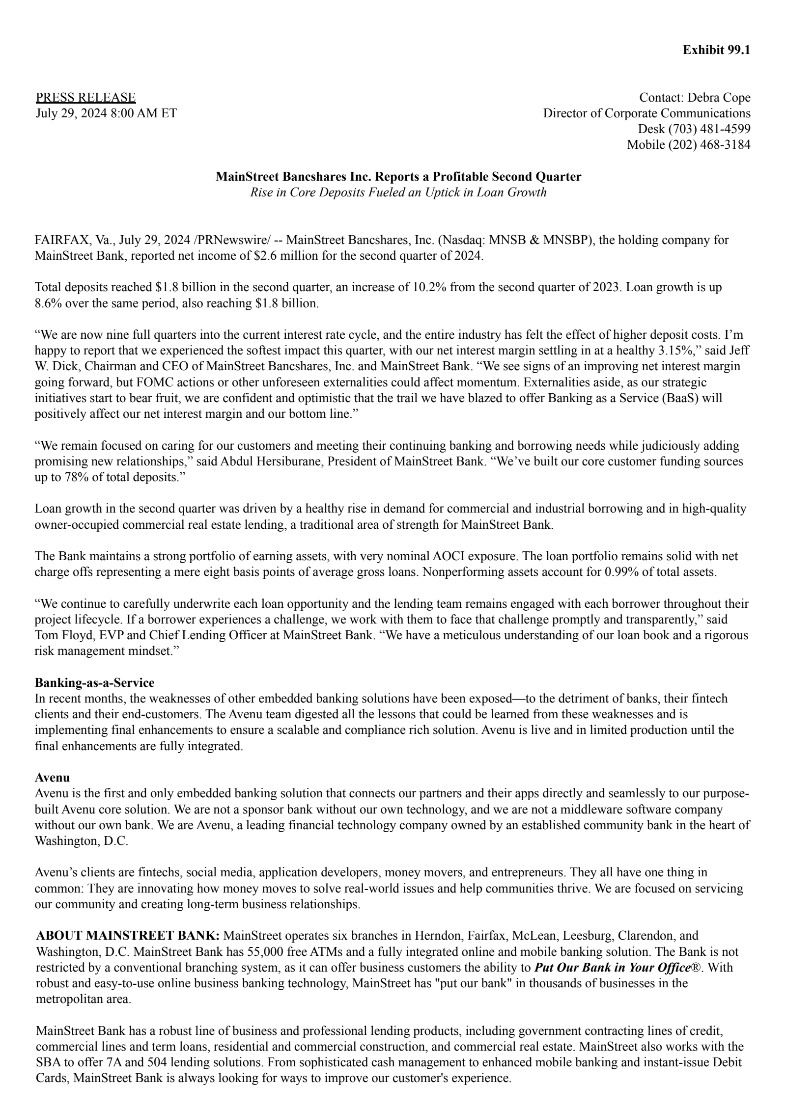 MainStreet Bancshares' Q2 2024 Press Release