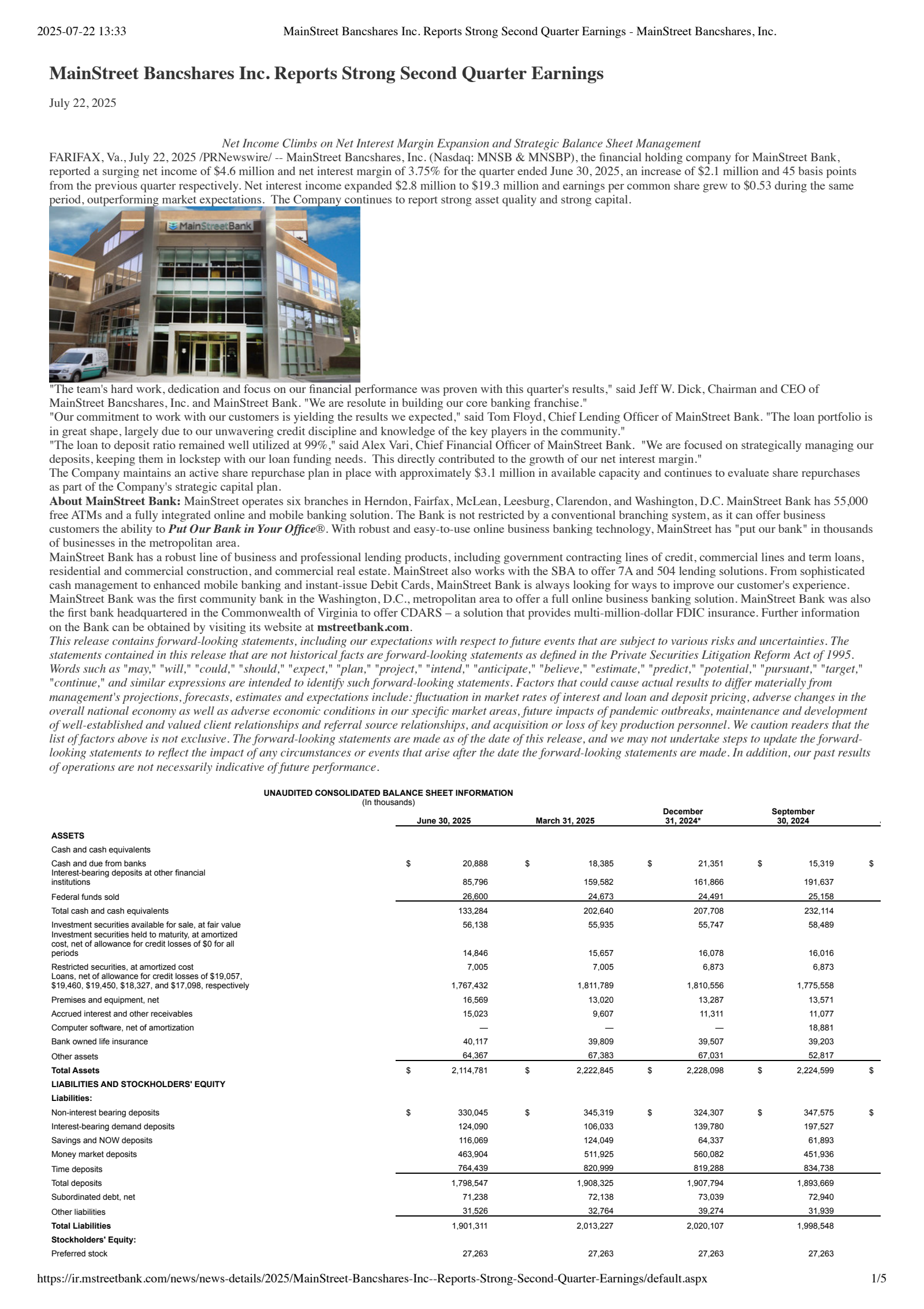MainStreet Bank's Q2 2025 Press Release