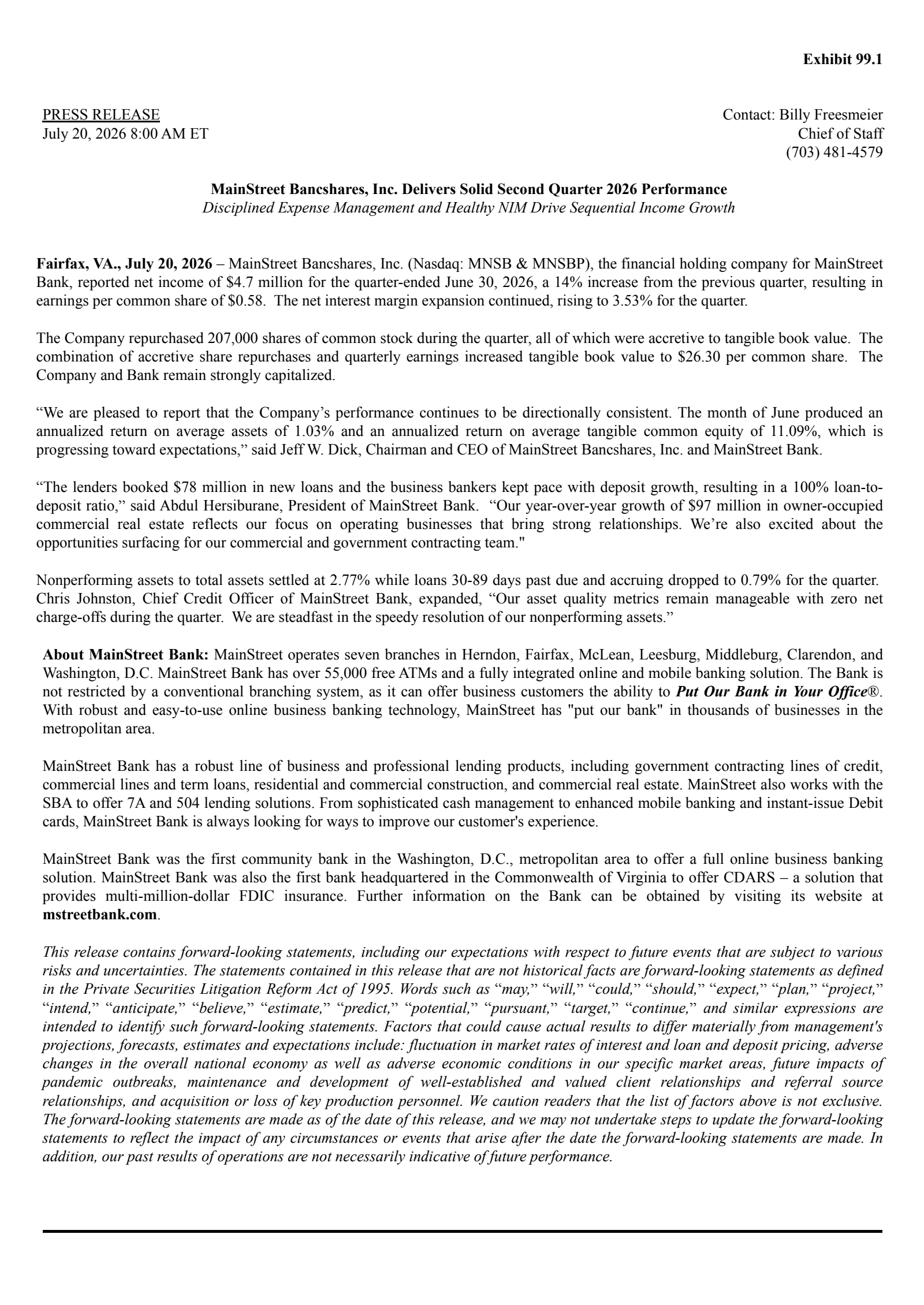 MainStreet Bank's Q2 2026 Press Release