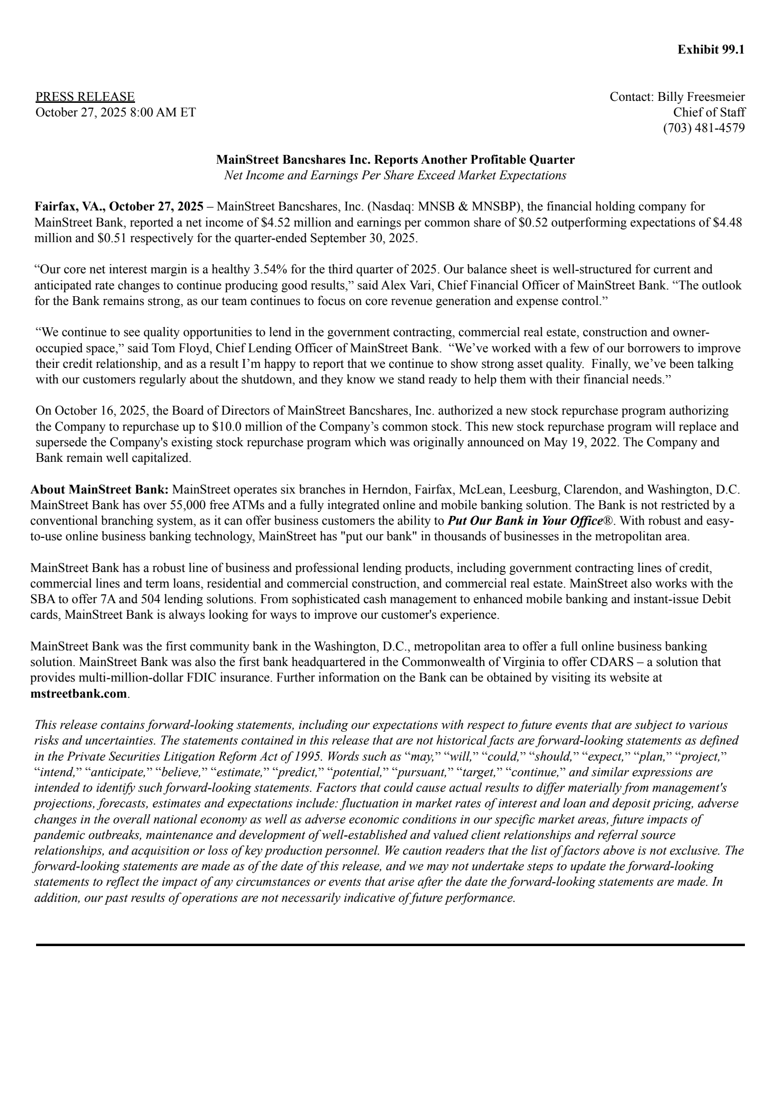 MainStreet Bank's Q3 2025 Earnings Release