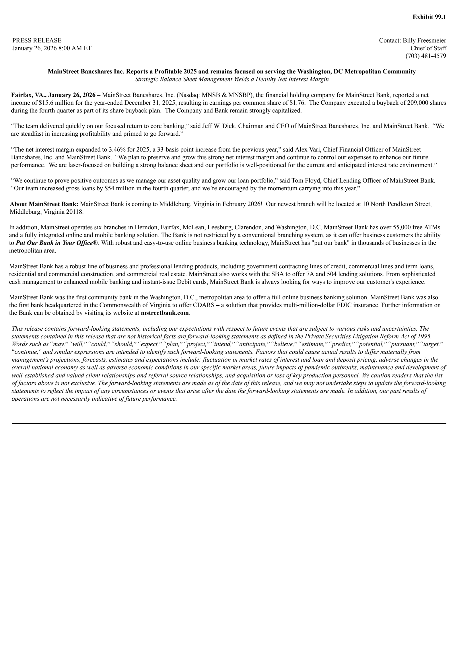 MainStreet Bank's Q4 2025 Press Release