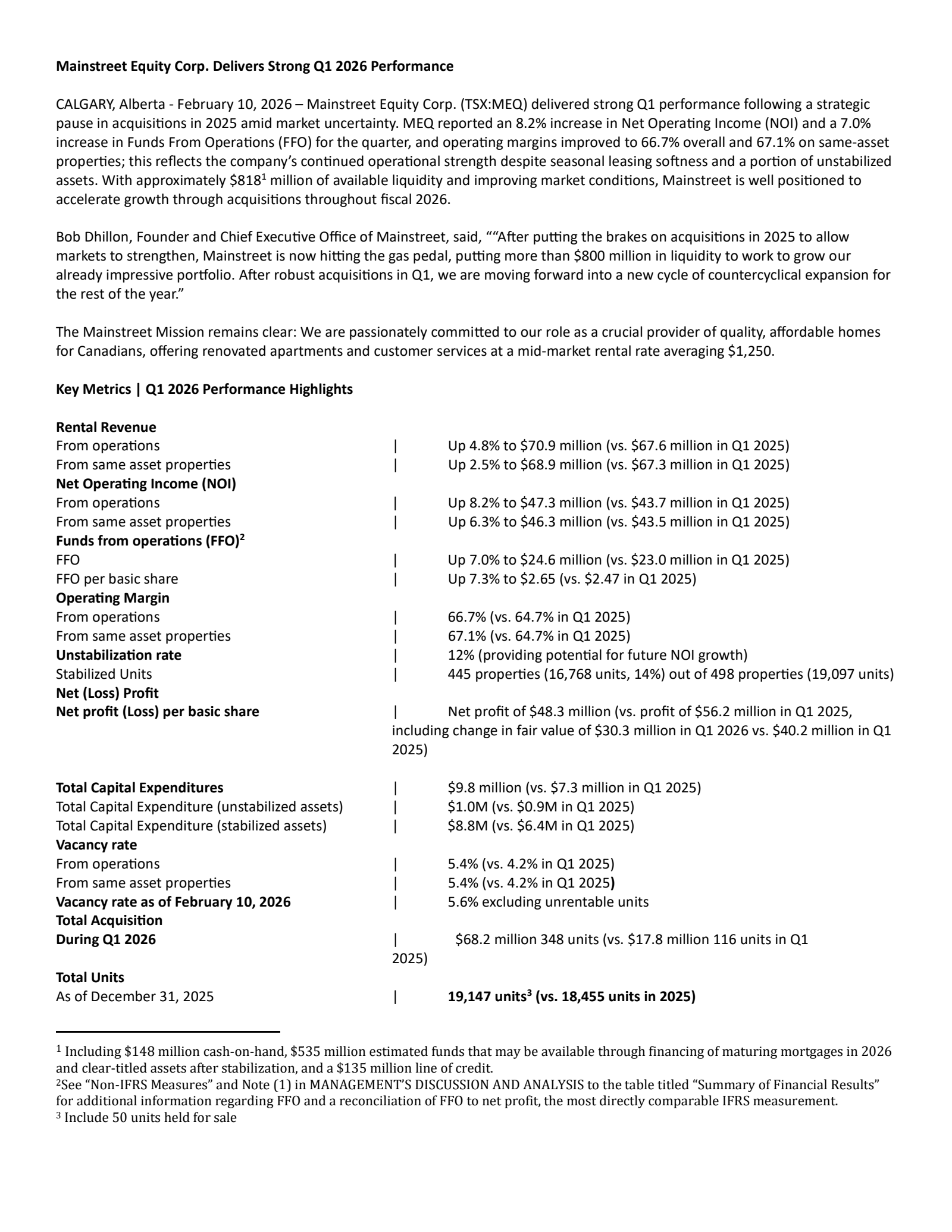 Mainstreet Equity's Q1 2026 Press Release
