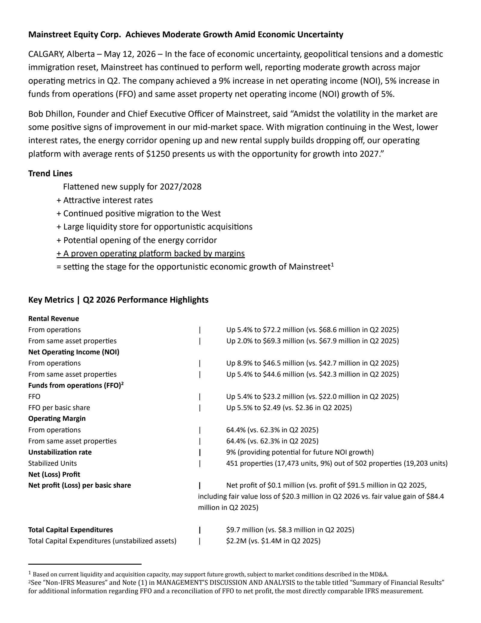 Mainstreet Equity's Q2 2026 Press Release
