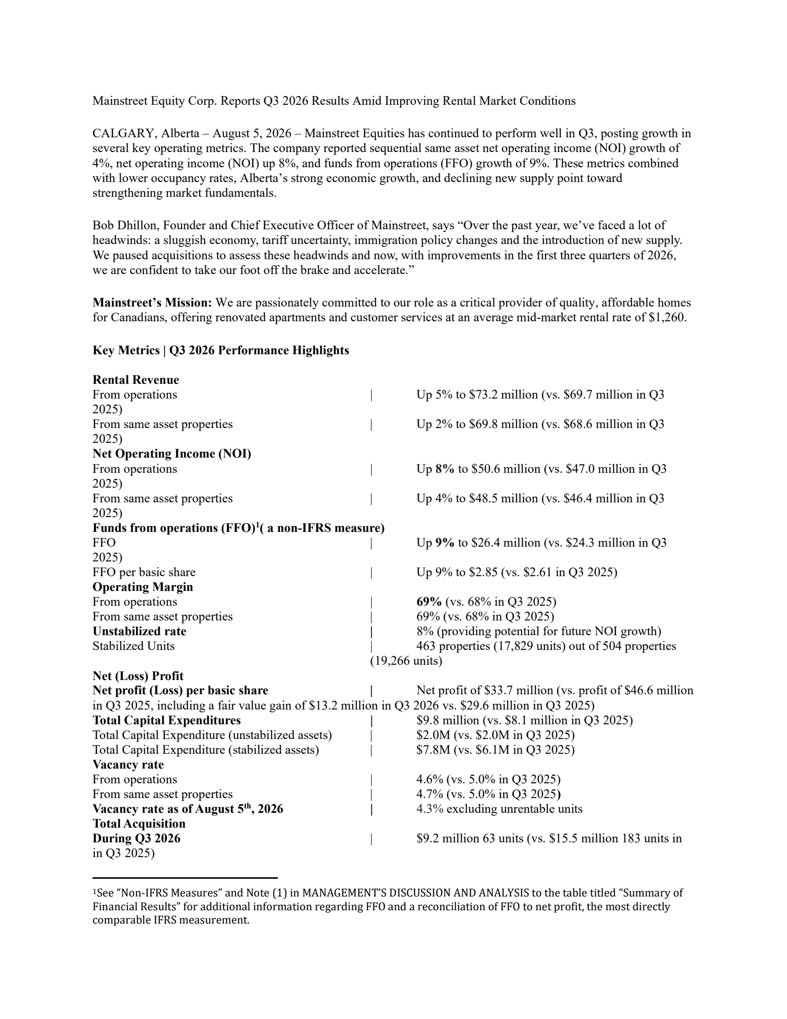 Mainstreet Equity's Q3 2026 Press Release