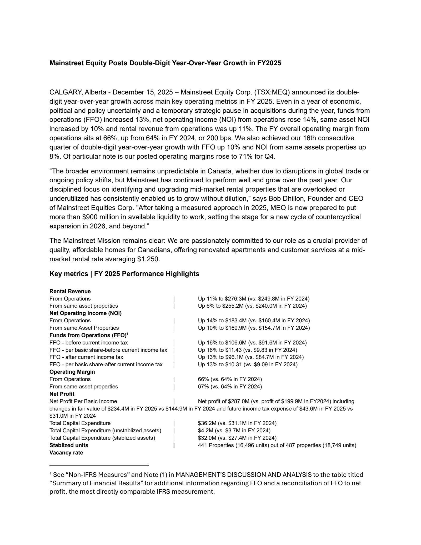 Mainstreet Equity's Q4 2025 Earnings Release