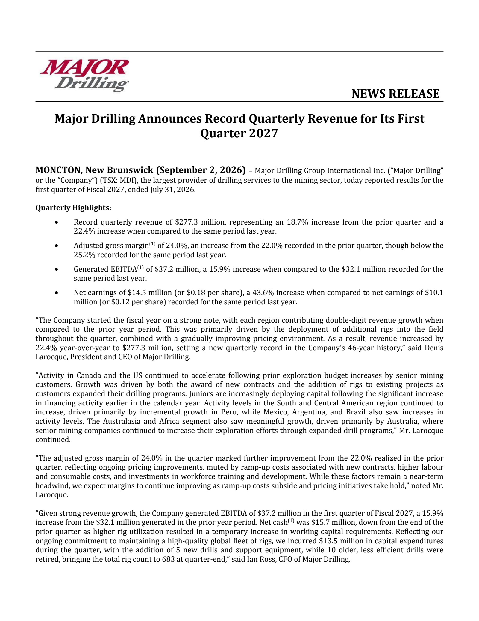 Major Drilling Group International's Q1 2027 Press Release