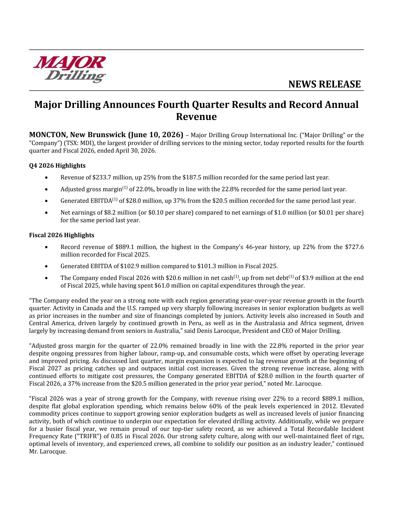 Major Drilling Group International's Q4 2026 Press Release