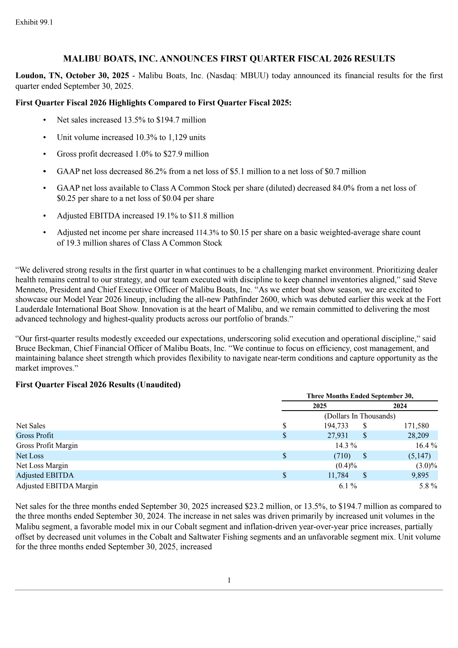 Malibu Boats' Q1 2026 Earnings Release