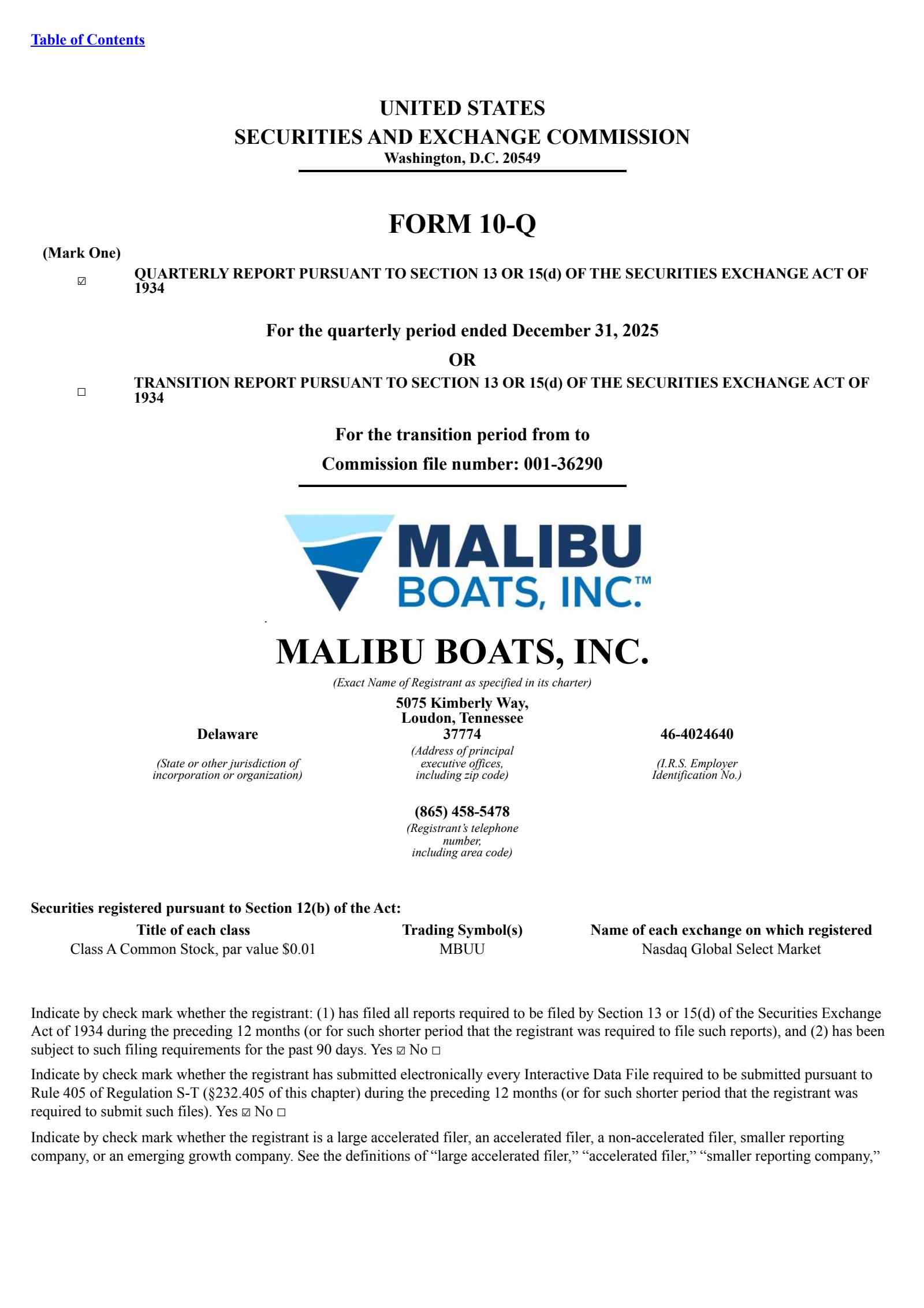 Malibu Boats' Q2 2026 Quarterly report