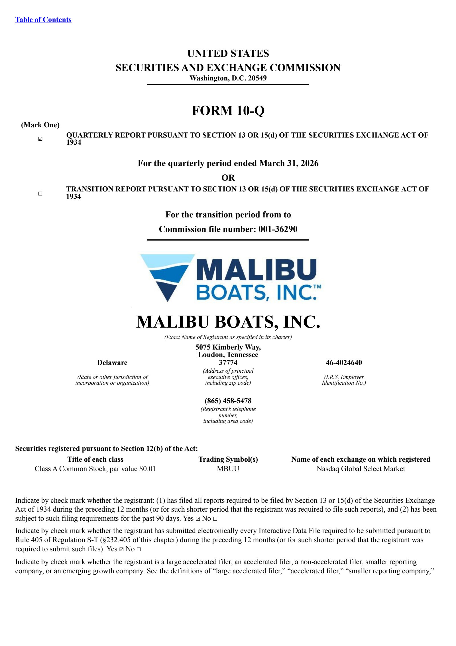 Malibu Boats' Q3 2026 Quarterly report