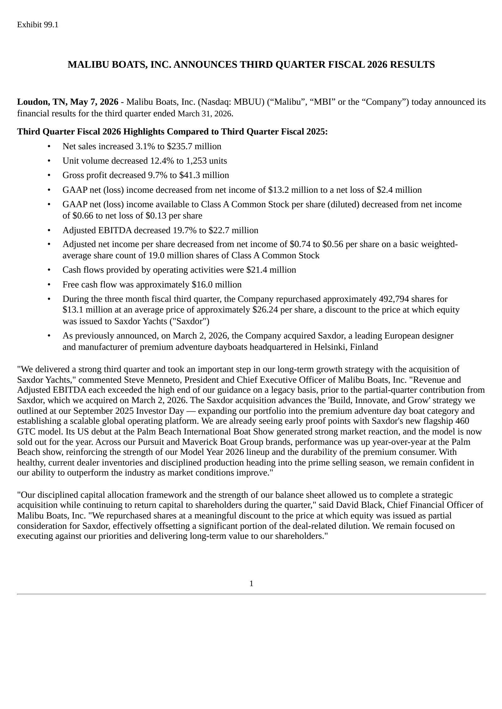 Malibu Boats' Q3 2026 Press Release