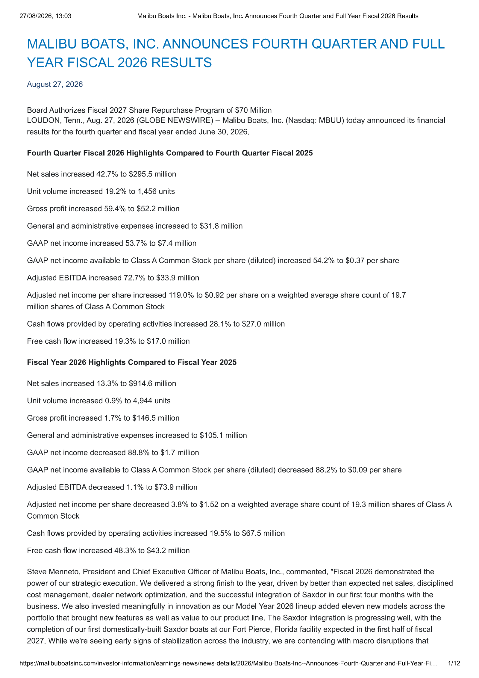 Malibu Boats' Q4 2026 Press Release