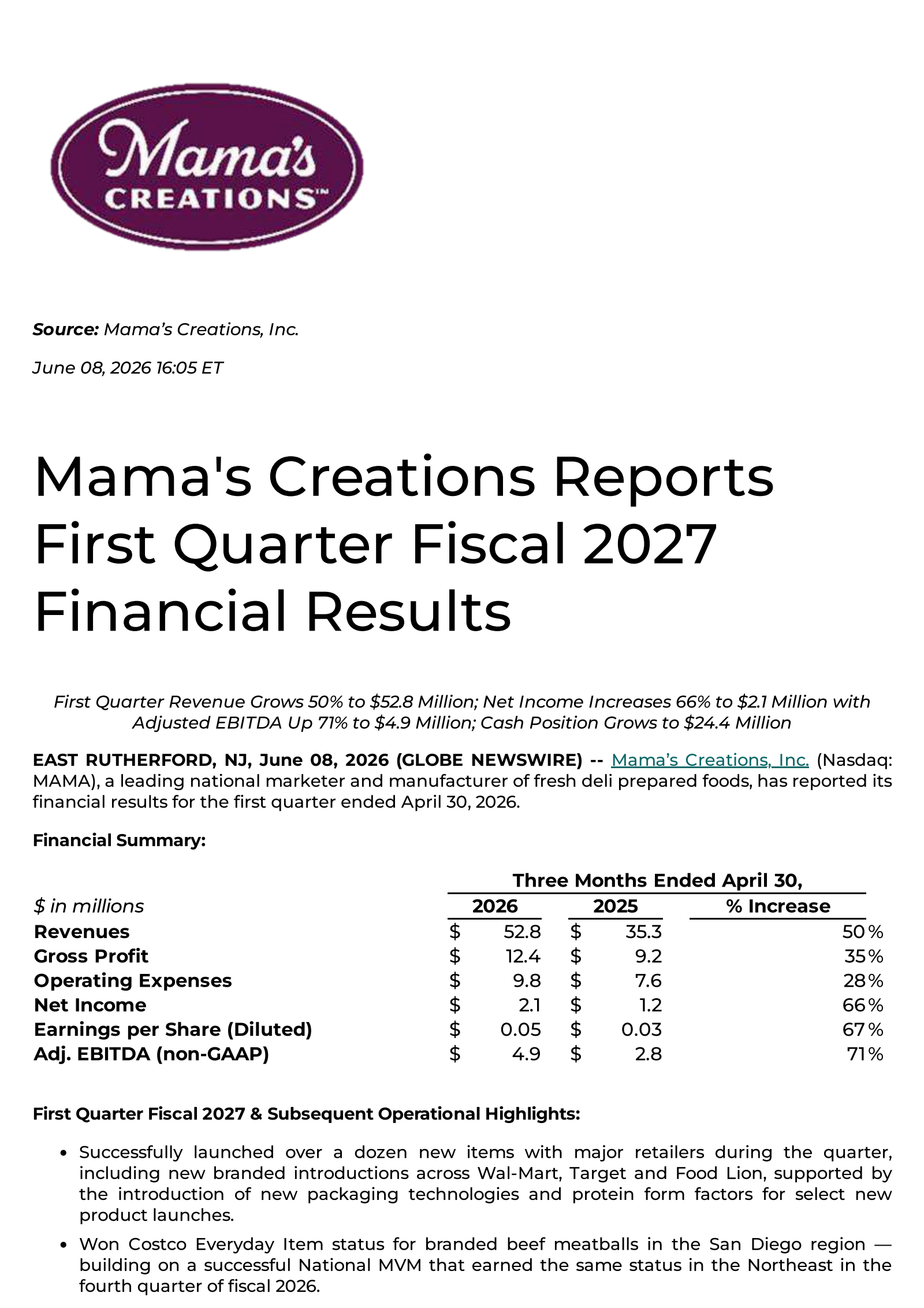 Mama's Creations' Q1 2027 Press Release