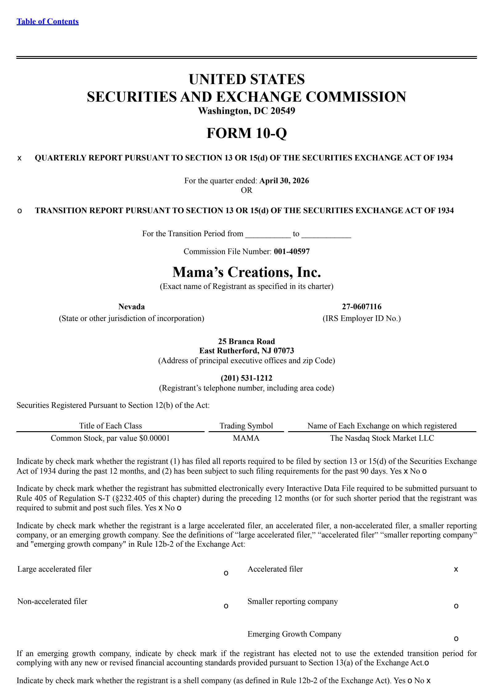 Mama's Creations' Q1 2027 Quarterly report