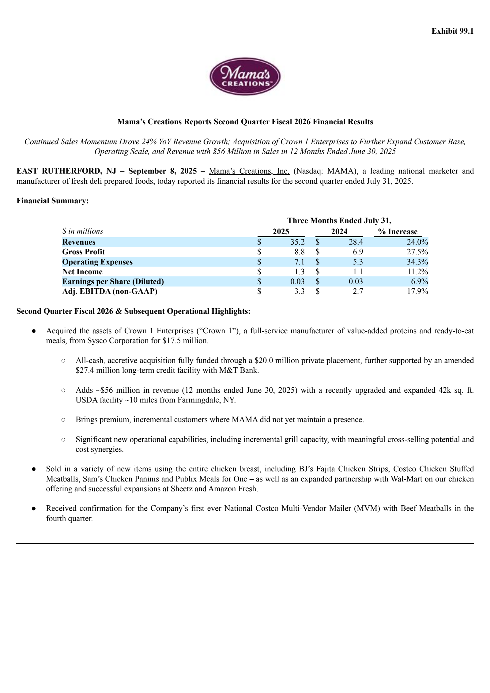 Mama's Creations' Q2 2026 Press Release
