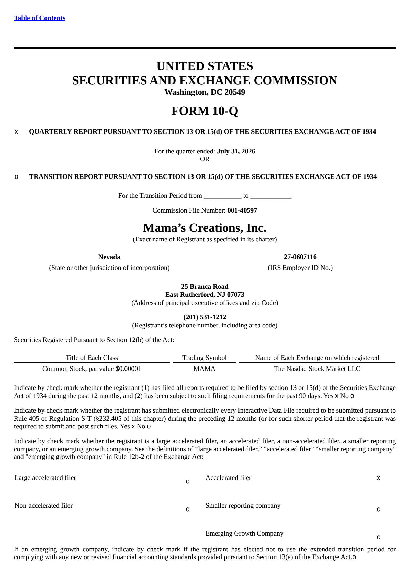Mama's Creations' Q2 2027 Quarterly report